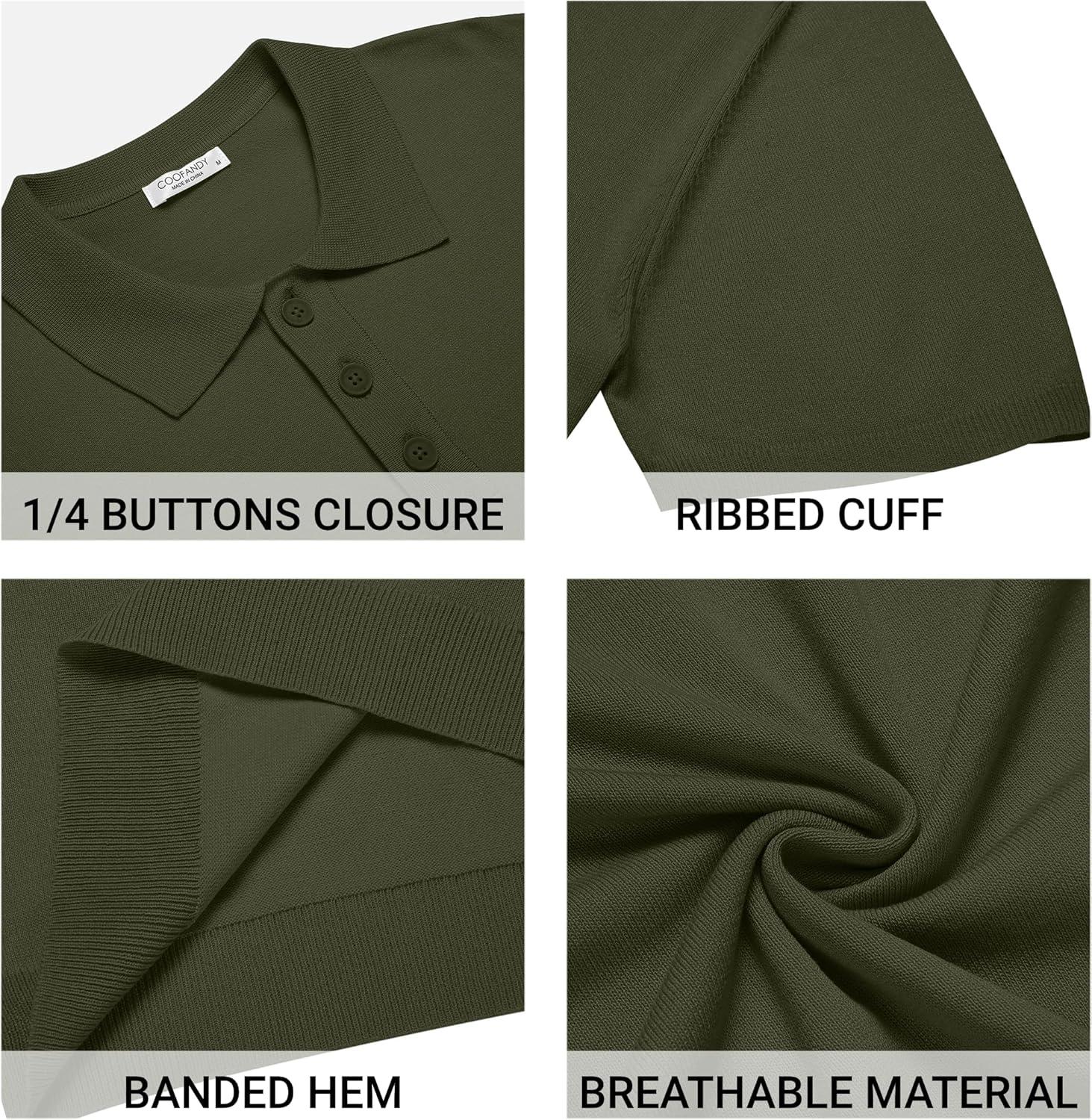 imageCOOFANDY Mens Knit Polo Shirts Casual Short Sleeve Button Down Polo Shirt Classic Golf ShirtsArmy Green