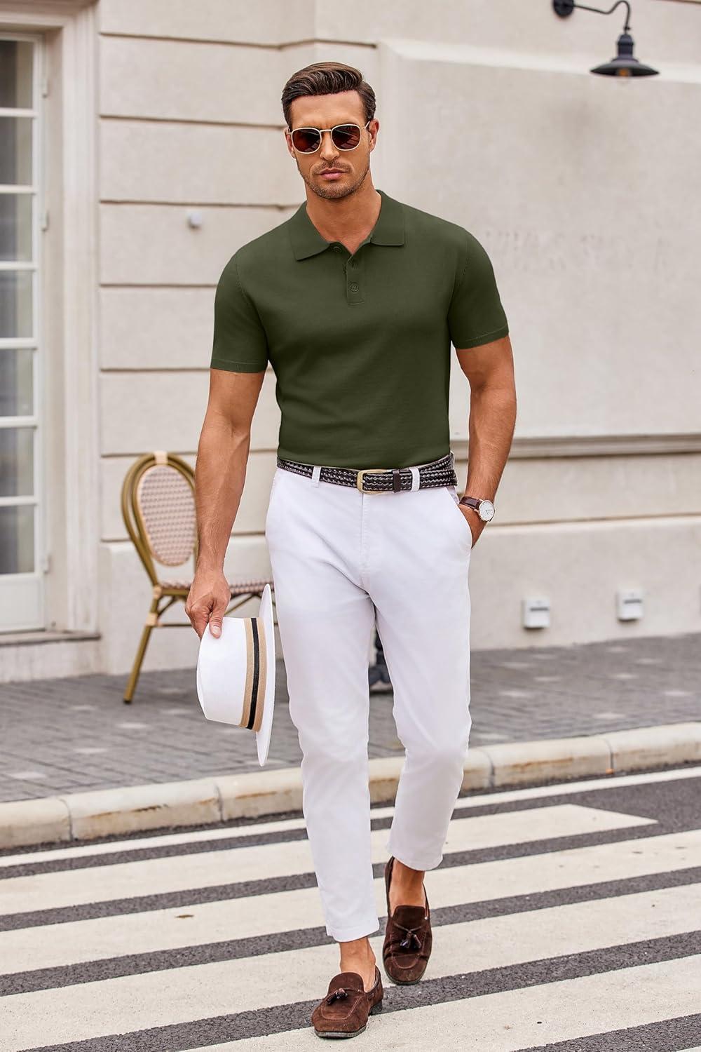 imageCOOFANDY Mens Knit Polo Shirts Casual Short Sleeve Button Down Polo Shirt Classic Golf ShirtsArmy Green