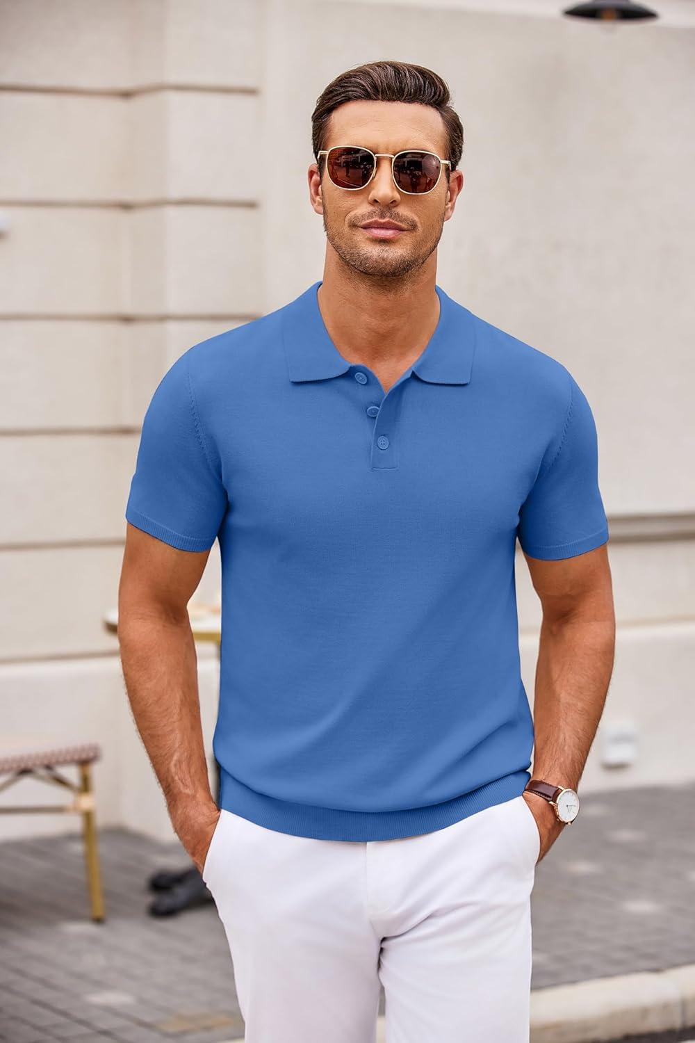 imageCOOFANDY Mens Knit Polo Shirts Casual Short Sleeve Button Down Polo Shirt Classic Golf ShirtsBlue