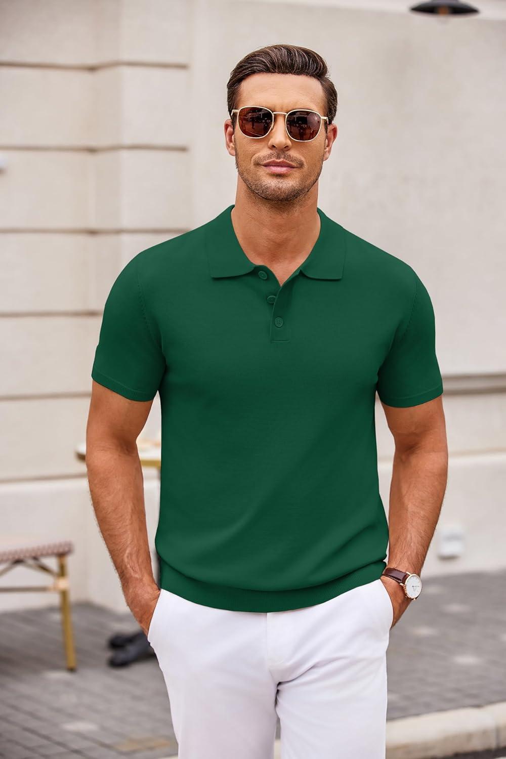 imageCOOFANDY Mens Knit Polo Shirts Casual Short Sleeve Button Down Polo Shirt Classic Golf ShirtsDark Green