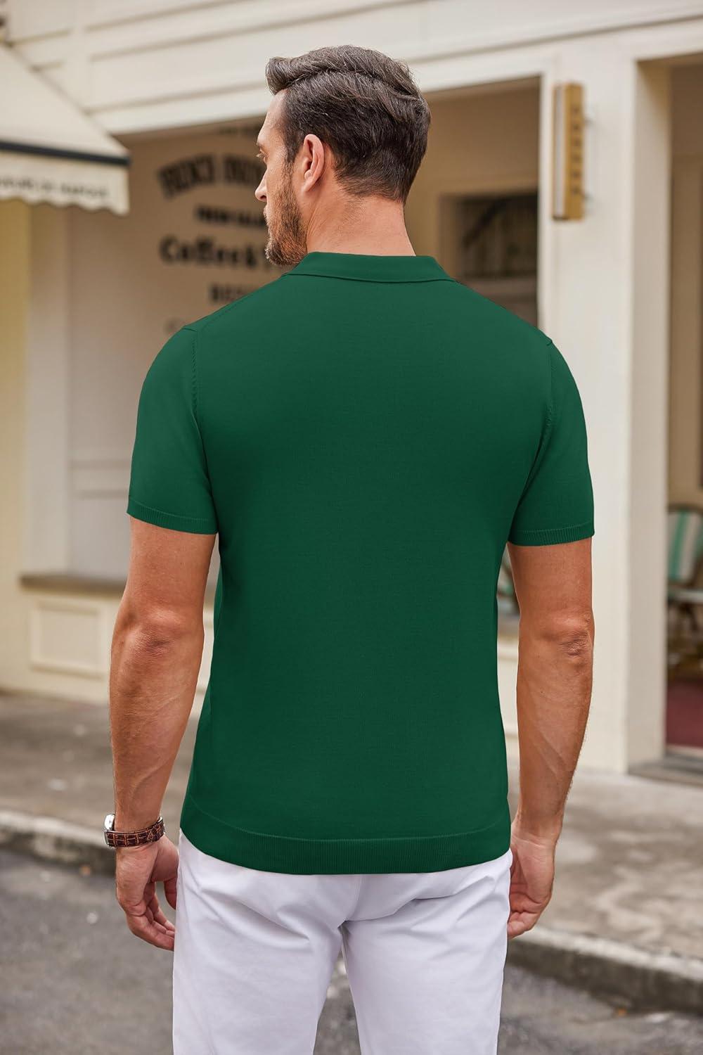 imageCOOFANDY Mens Knit Polo Shirts Casual Short Sleeve Button Down Polo Shirt Classic Golf ShirtsDark Green