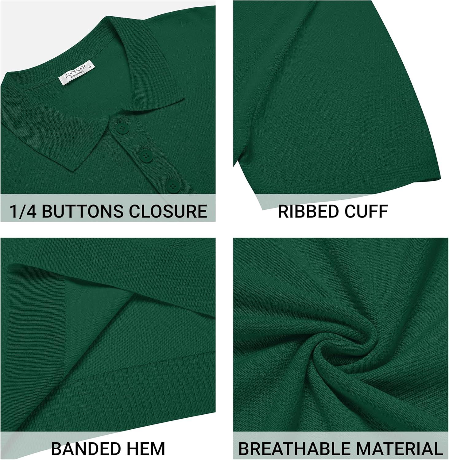 imageCOOFANDY Mens Knit Polo Shirts Casual Short Sleeve Button Down Polo Shirt Classic Golf ShirtsDark Green