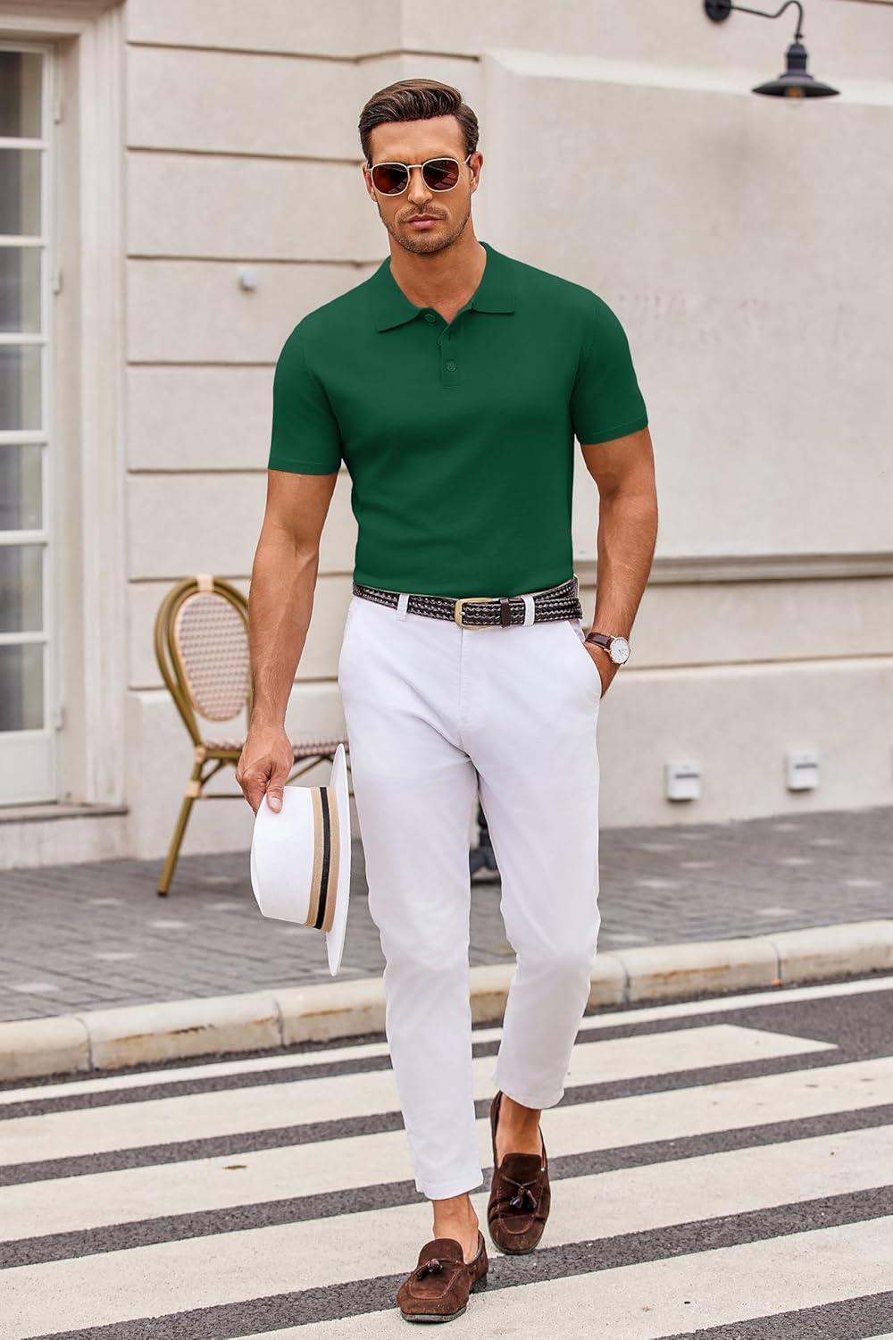 imageCOOFANDY Mens Knit Polo Shirts Casual Short Sleeve Button Down Polo Shirt Classic Golf ShirtsDark Green