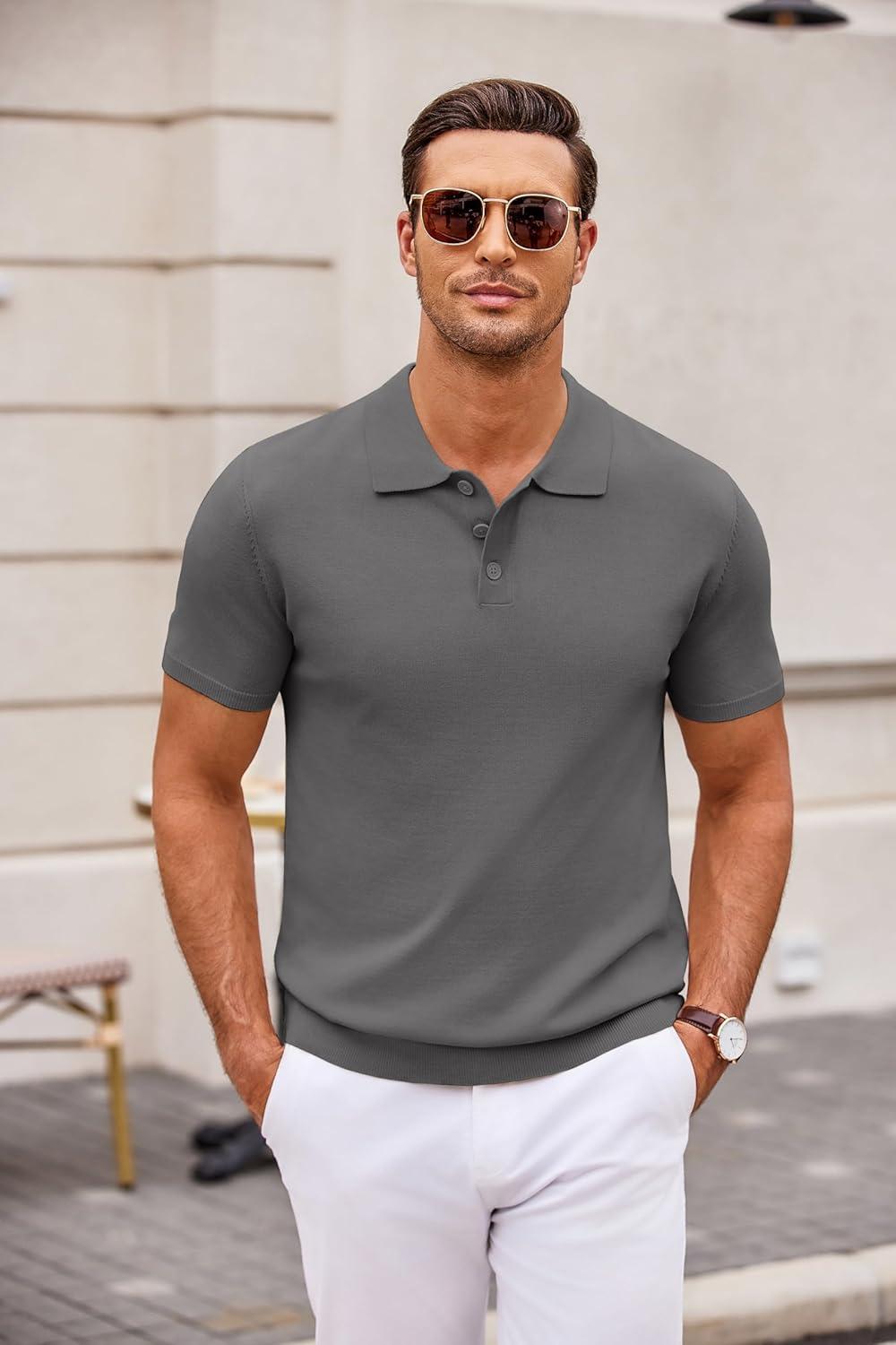 imageCOOFANDY Mens Knit Polo Shirts Casual Short Sleeve Button Down Polo Shirt Classic Golf ShirtsDark Grey