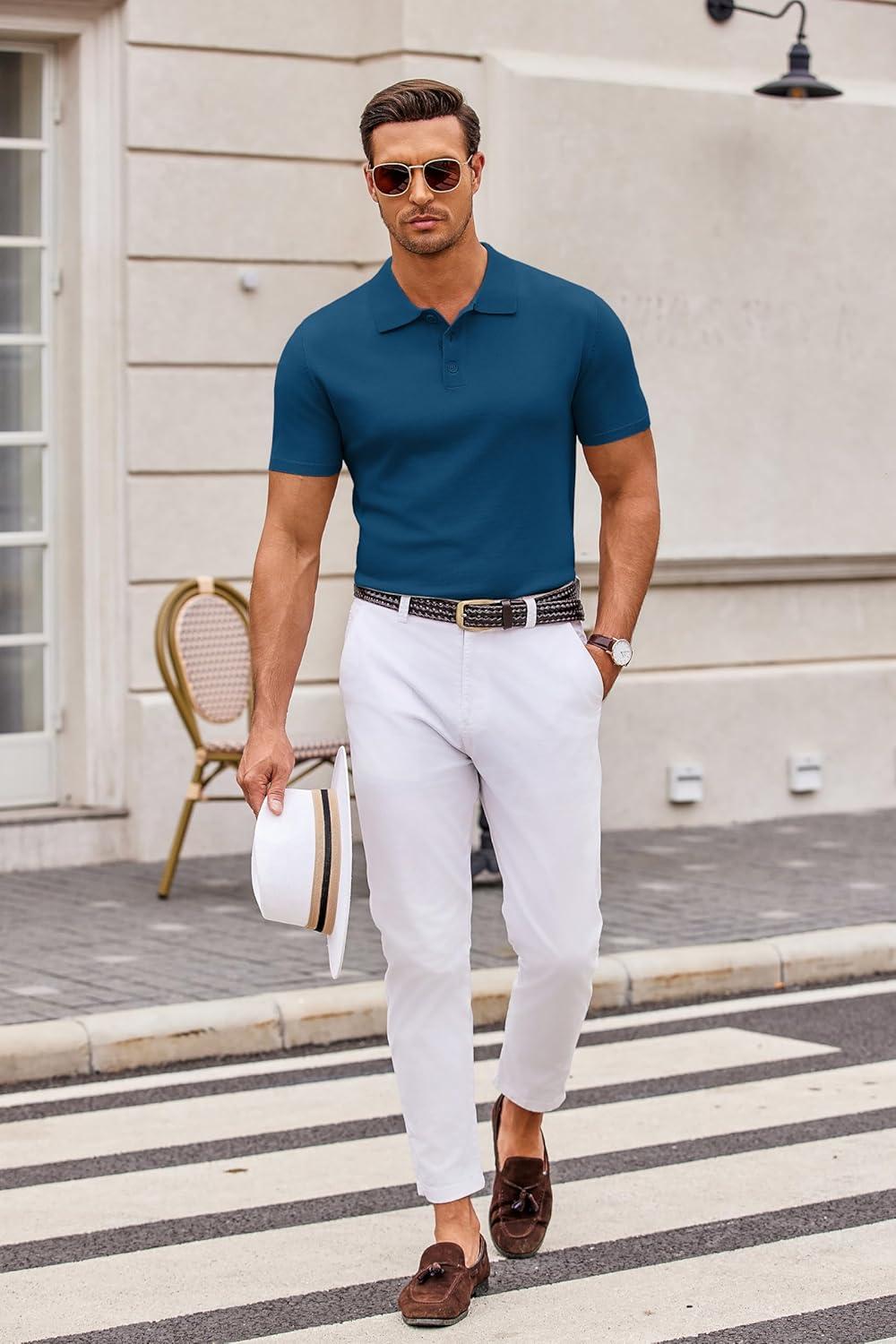 imageCOOFANDY Mens Knit Polo Shirts Casual Short Sleeve Button Down Polo Shirt Classic Golf ShirtsDenim Blue