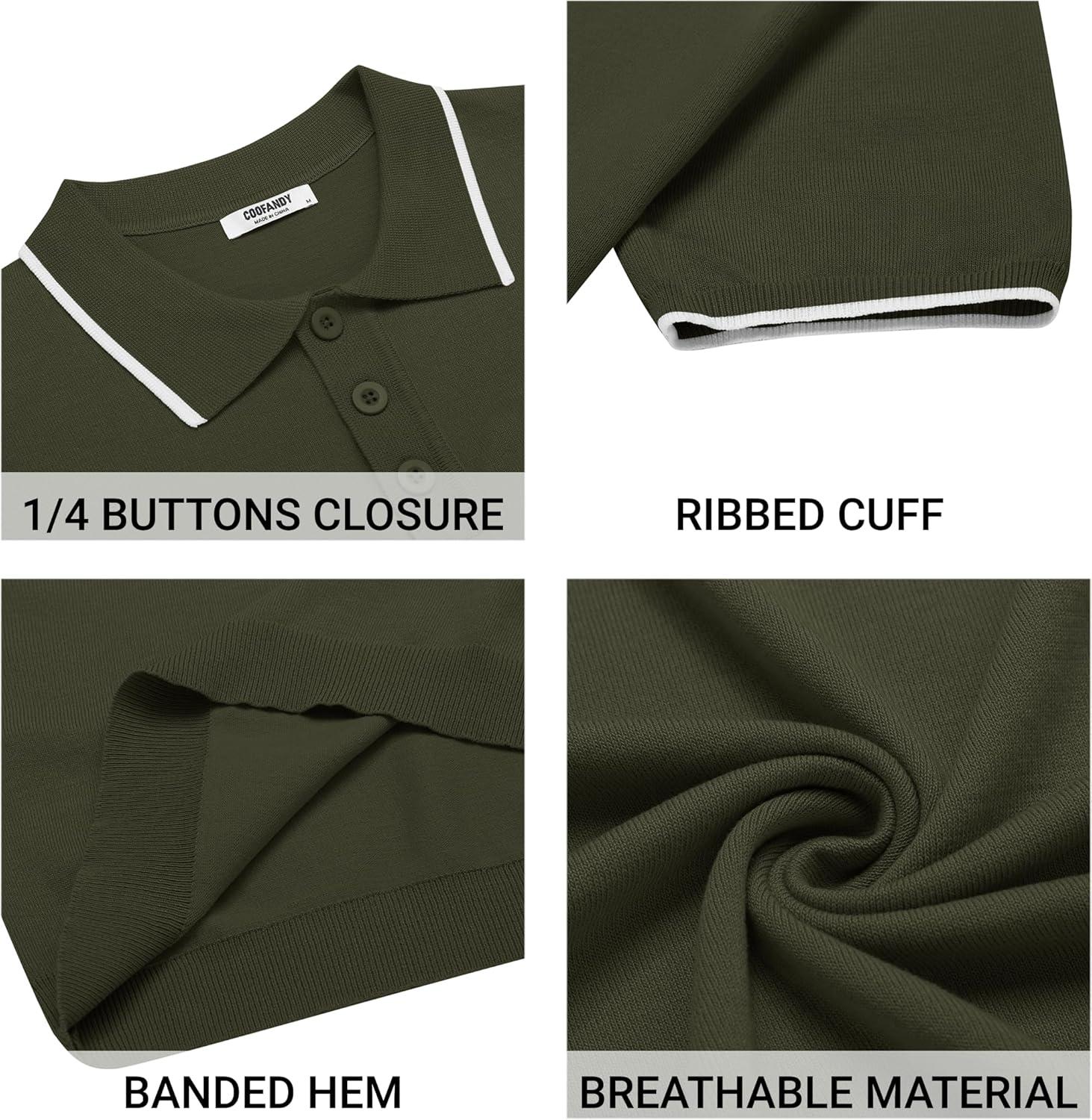 imageCOOFANDY Mens Knit Polo Shirts Casual Short Sleeve Button Down Polo Shirt Classic Golf ShirtsEarmy Green White Striped