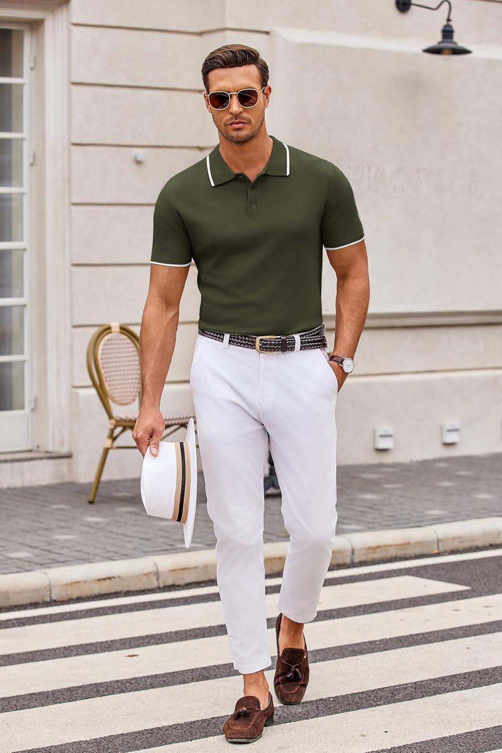 imageCOOFANDY Mens Knit Polo Shirts Casual Short Sleeve Button Down Polo Shirt Classic Golf ShirtsEarmy Green White Striped