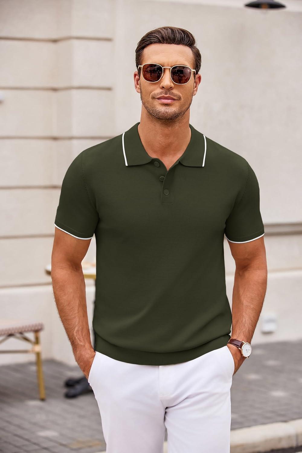 imageCOOFANDY Mens Knit Polo Shirts Casual Short Sleeve Button Down Polo Shirt Classic Golf ShirtsEarmy Green White Striped