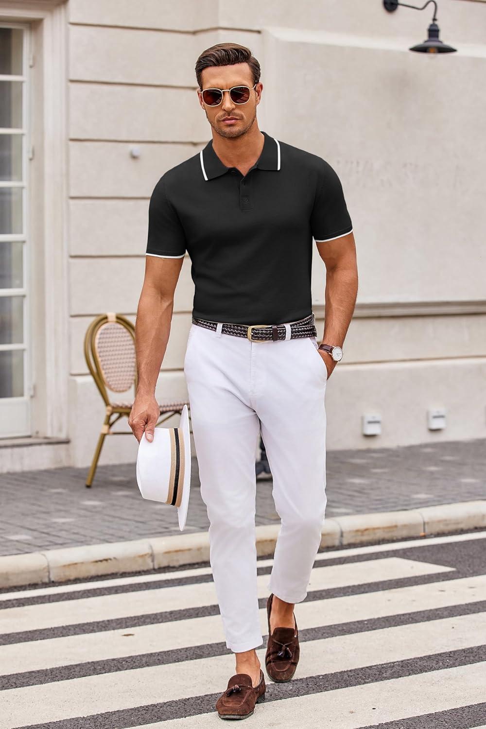 imageCOOFANDY Mens Knit Polo Shirts Casual Short Sleeve Button Down Polo Shirt Classic Golf ShirtsEblack White Striped