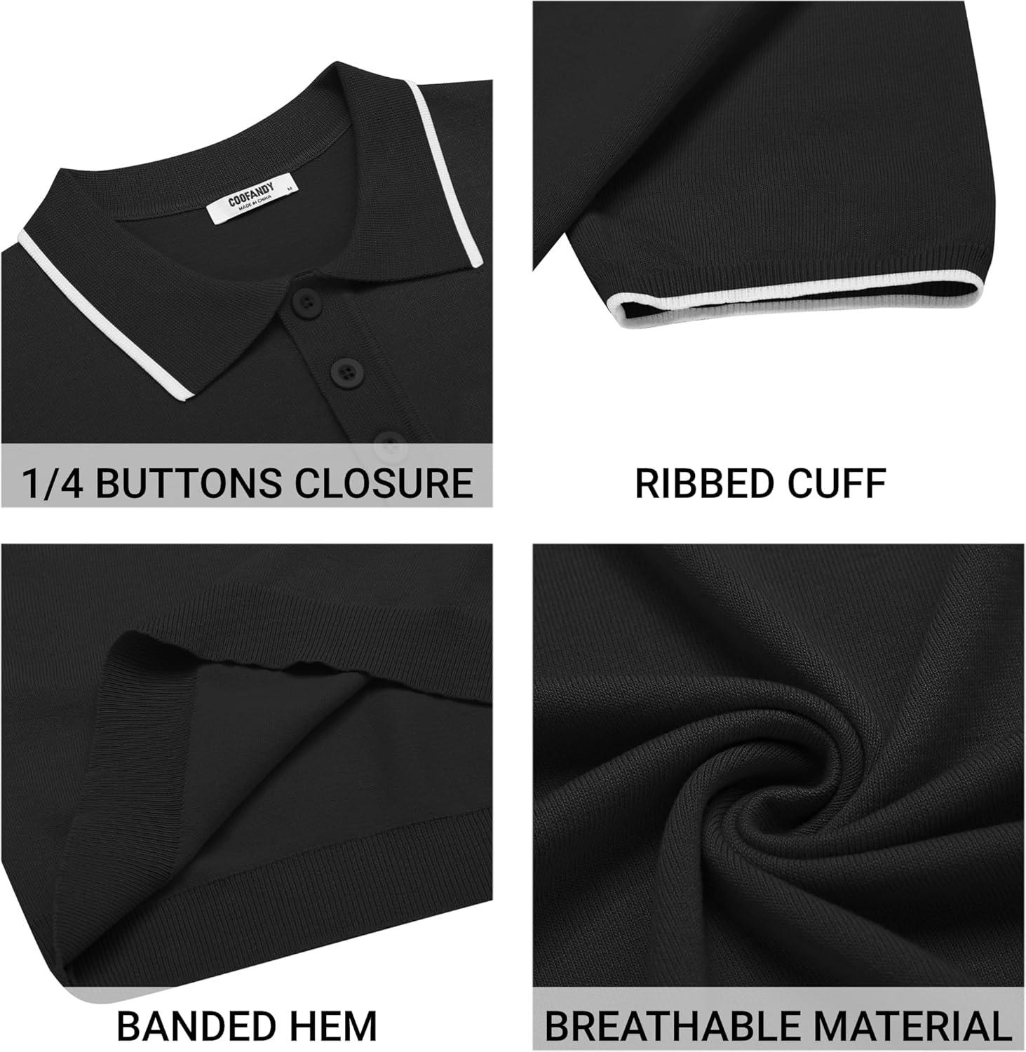imageCOOFANDY Mens Knit Polo Shirts Casual Short Sleeve Button Down Polo Shirt Classic Golf ShirtsEblack White Striped