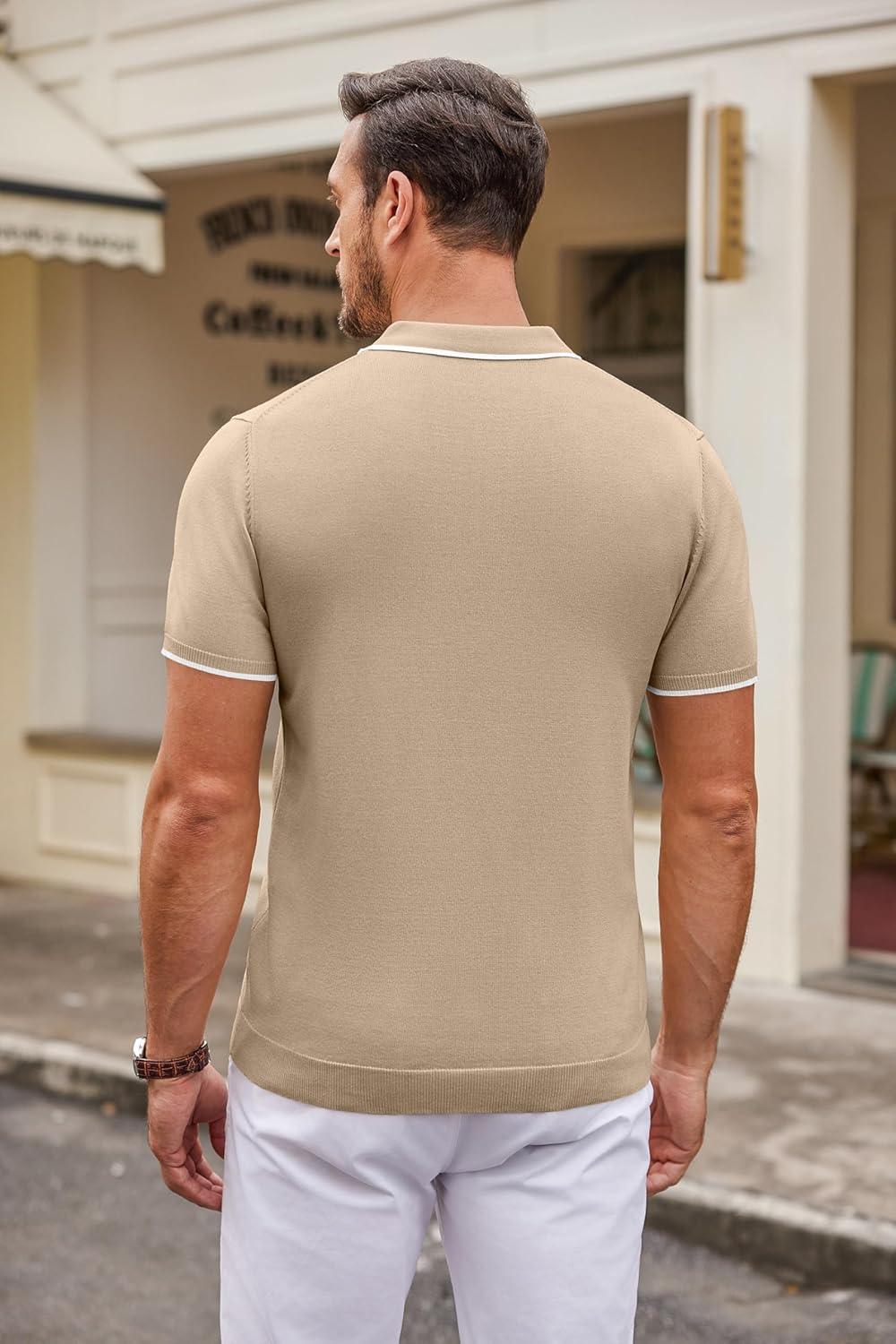 imageCOOFANDY Mens Knit Polo Shirts Casual Short Sleeve Button Down Polo Shirt Classic Golf ShirtsEkhaki White Striped