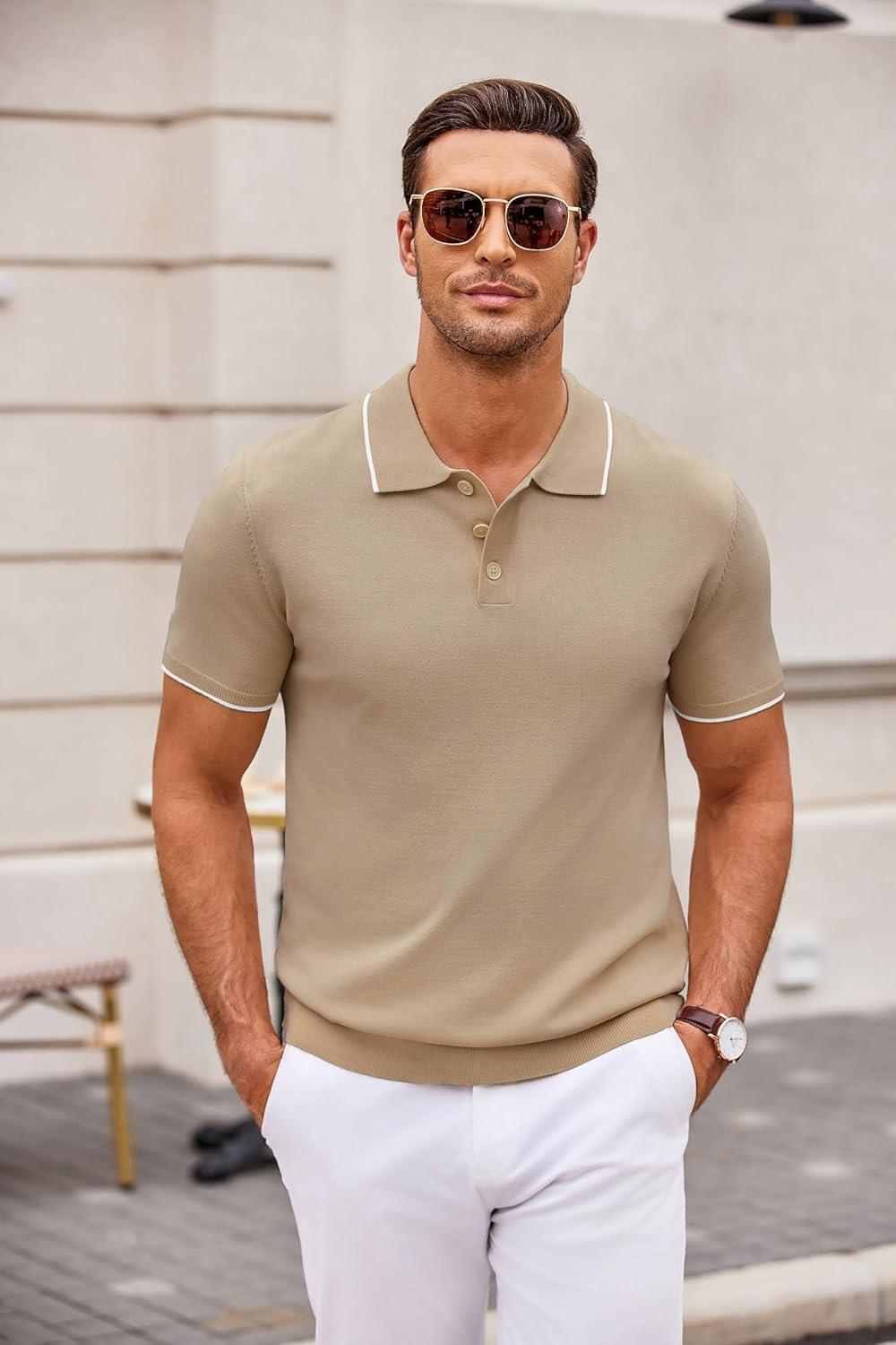 imageCOOFANDY Mens Knit Polo Shirts Casual Short Sleeve Button Down Polo Shirt Classic Golf ShirtsEkhaki White Striped