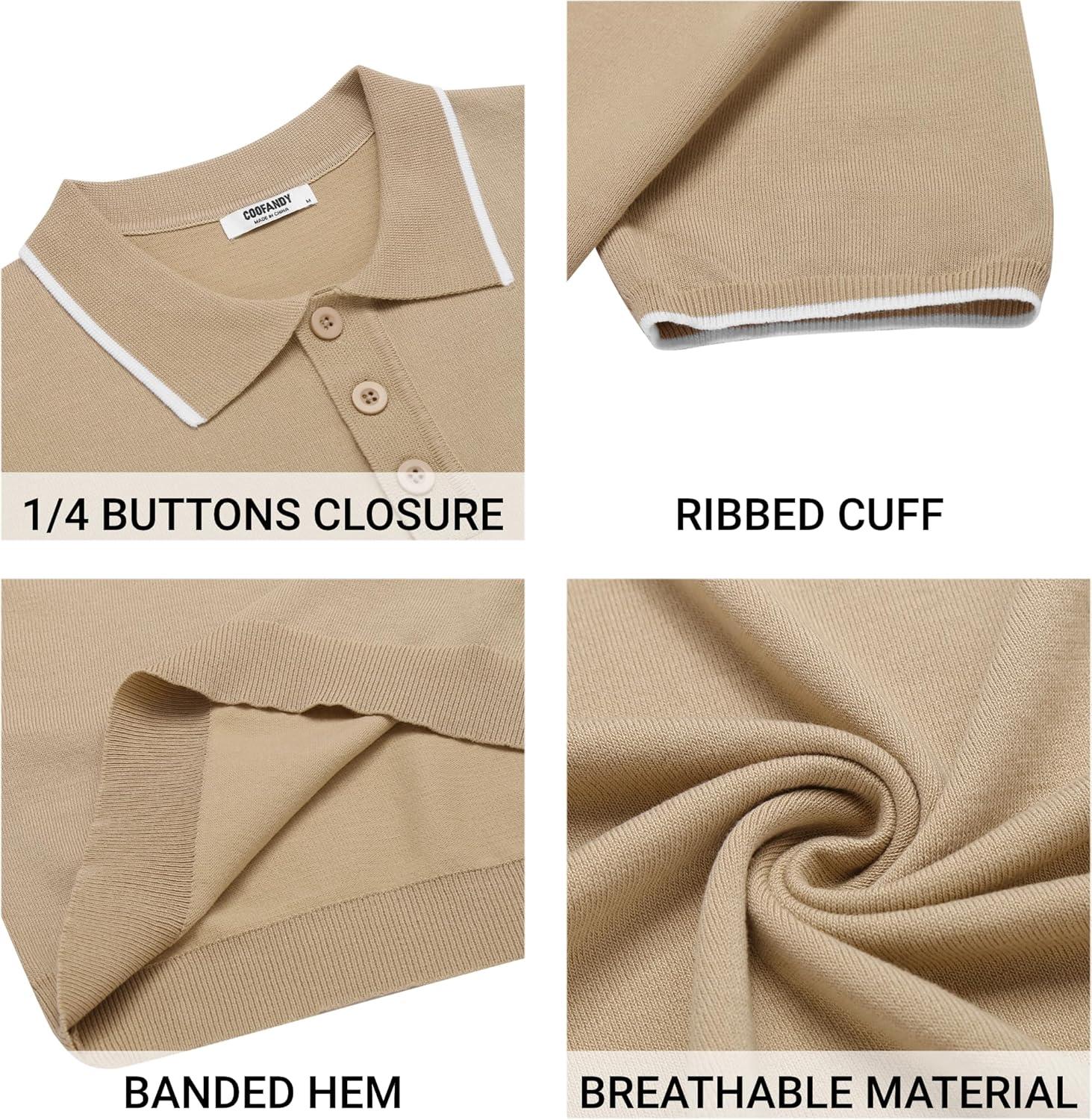 imageCOOFANDY Mens Knit Polo Shirts Casual Short Sleeve Button Down Polo Shirt Classic Golf ShirtsEkhaki White Striped