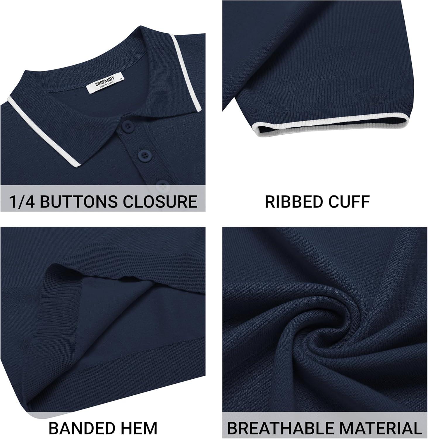 imageCOOFANDY Mens Knit Polo Shirts Casual Short Sleeve Button Down Polo Shirt Classic Golf ShirtsEnavy Blue White Striped