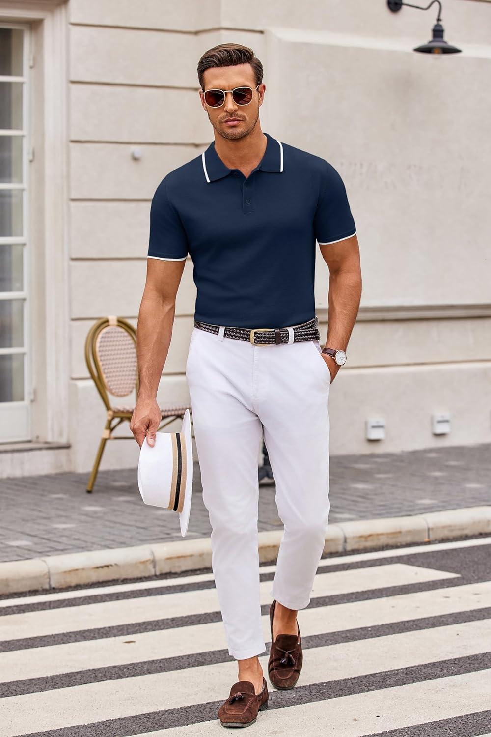 imageCOOFANDY Mens Knit Polo Shirts Casual Short Sleeve Button Down Polo Shirt Classic Golf ShirtsEnavy Blue White Striped