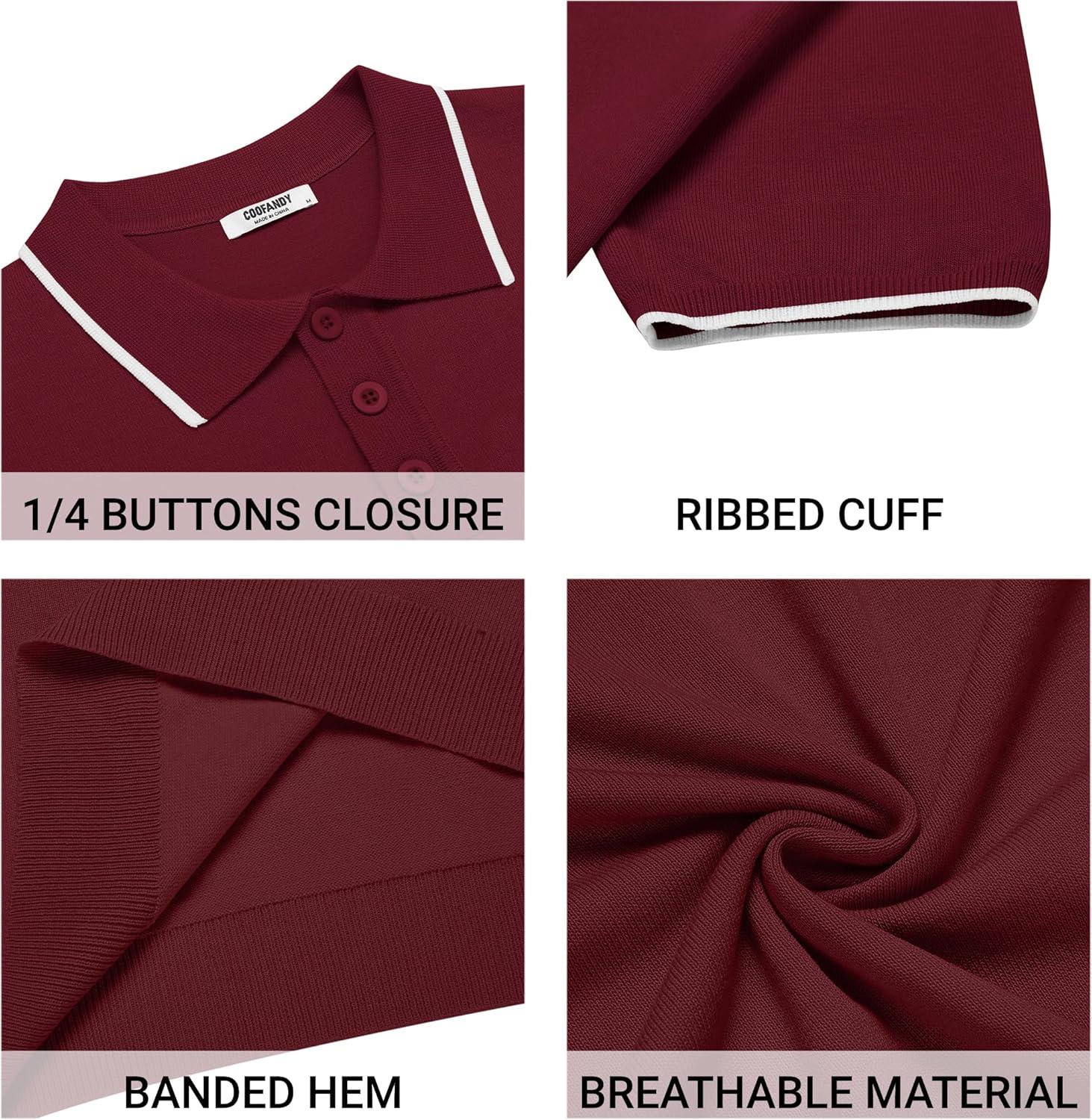 imageCOOFANDY Mens Knit Polo Shirts Casual Short Sleeve Button Down Polo Shirt Classic Golf ShirtsEwine Red White Striped