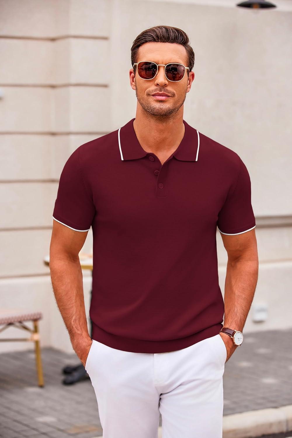 imageCOOFANDY Mens Knit Polo Shirts Casual Short Sleeve Button Down Polo Shirt Classic Golf ShirtsEwine Red White Striped