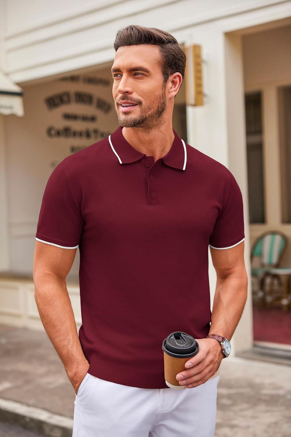 imageCOOFANDY Mens Knit Polo Shirts Casual Short Sleeve Button Down Polo Shirt Classic Golf ShirtsEwine Red White Striped