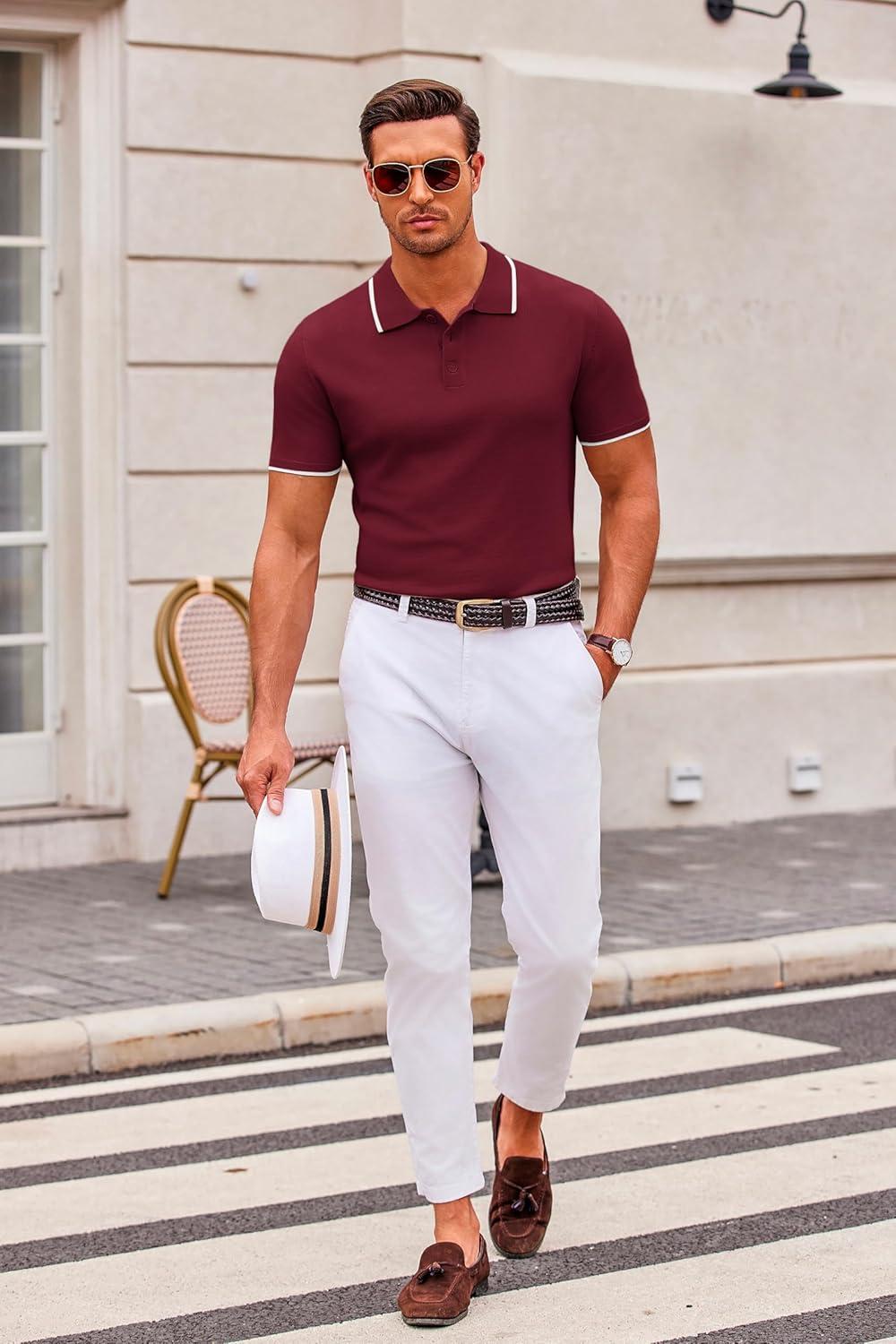 imageCOOFANDY Mens Knit Polo Shirts Casual Short Sleeve Button Down Polo Shirt Classic Golf ShirtsEwine Red White Striped