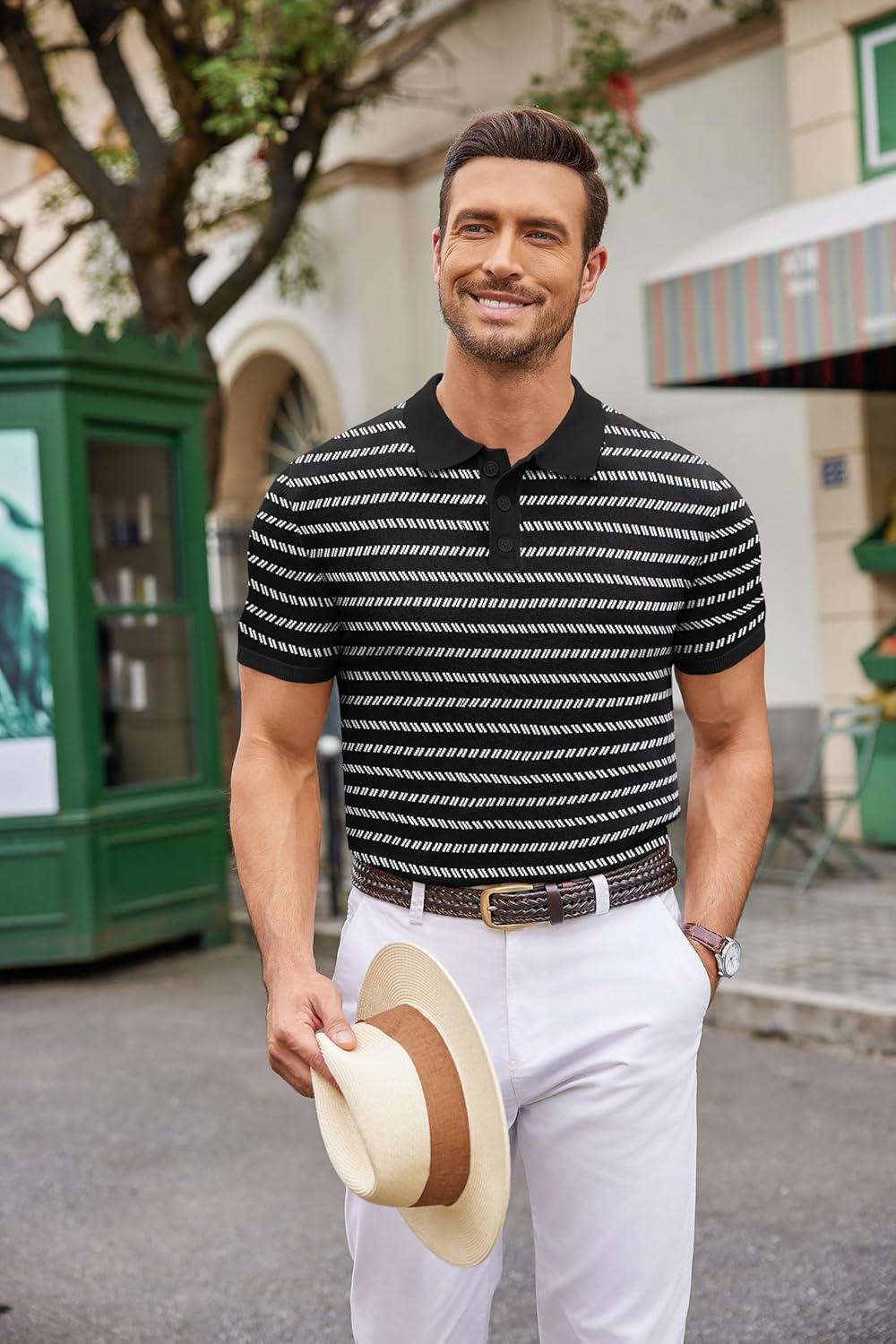 imageCOOFANDY Mens Knit Polo Shirts Casual Short Sleeve Button Down Polo Shirt Classic Golf ShirtsFblackWhite Striped