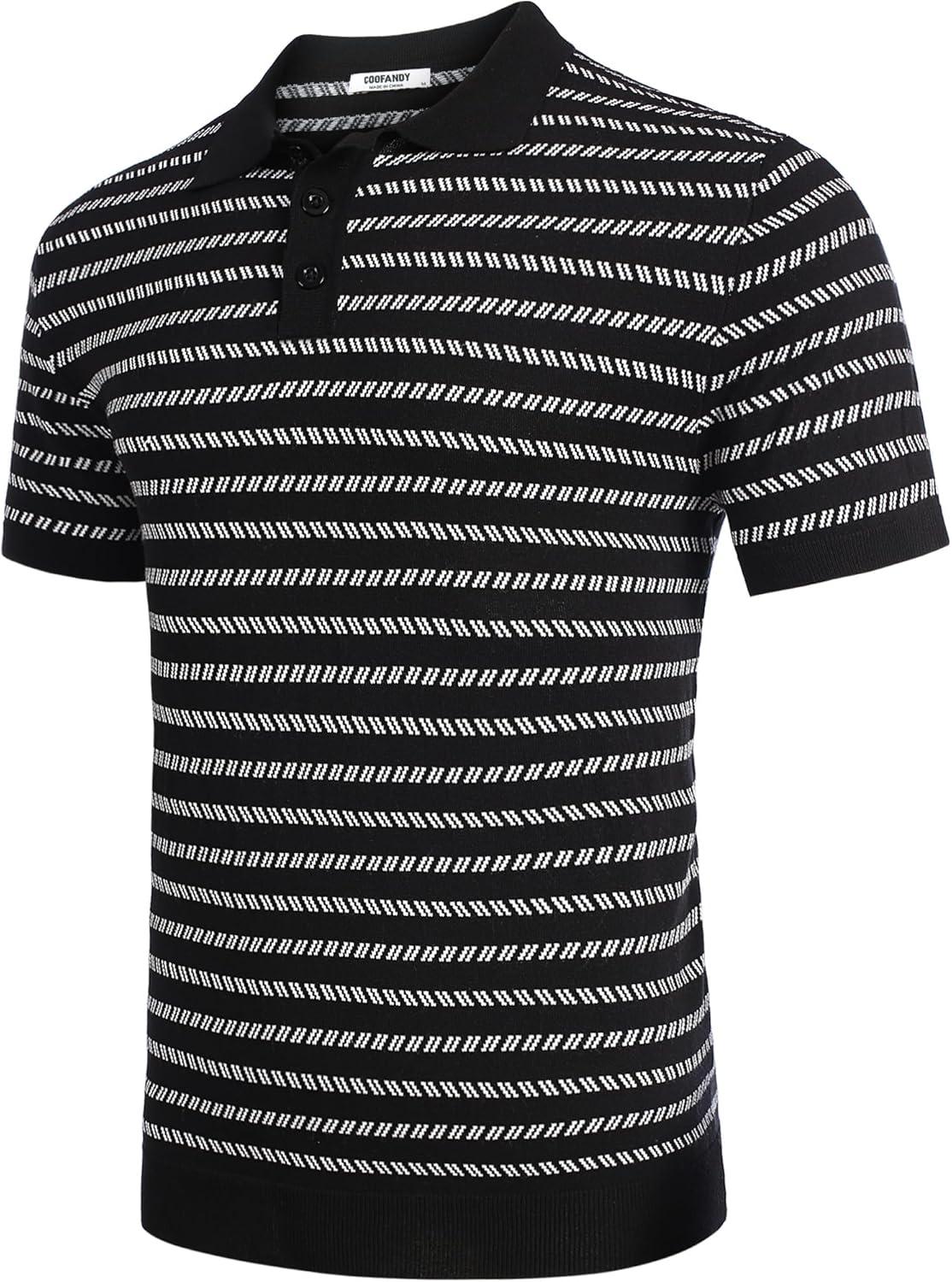 imageCOOFANDY Mens Knit Polo Shirts Casual Short Sleeve Button Down Polo Shirt Classic Golf ShirtsFblackWhite Striped