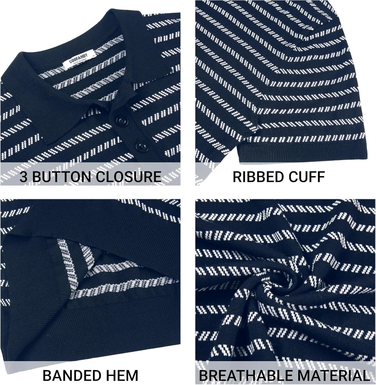 imageCOOFANDY Mens Knit Polo Shirts Casual Short Sleeve Button Down Polo Shirt Classic Golf ShirtsFnavy BlueWhite Striped