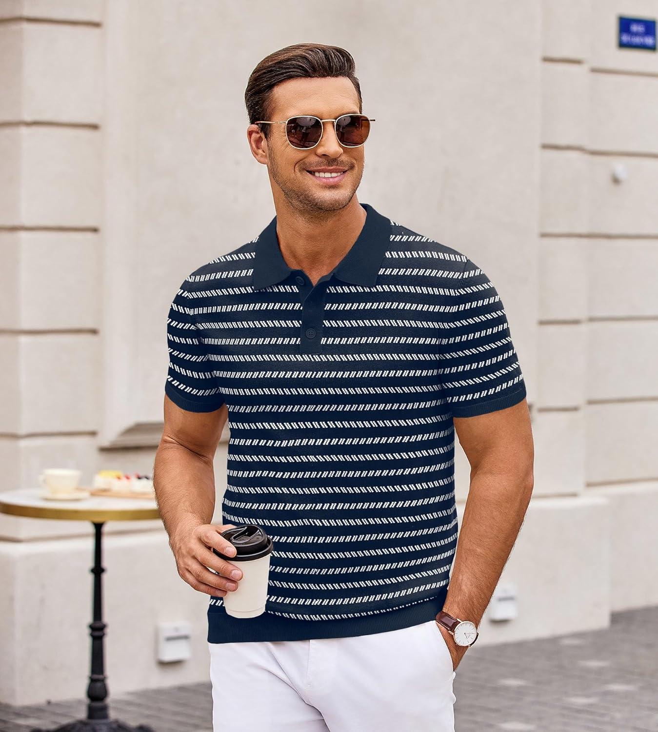 imageCOOFANDY Mens Knit Polo Shirts Casual Short Sleeve Button Down Polo Shirt Classic Golf ShirtsFnavy BlueWhite Striped