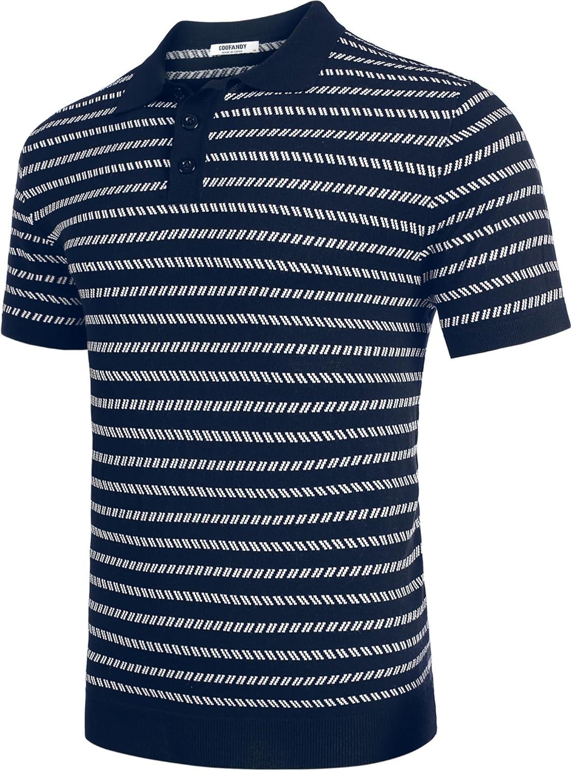imageCOOFANDY Mens Knit Polo Shirts Casual Short Sleeve Button Down Polo Shirt Classic Golf ShirtsFnavy BlueWhite Striped