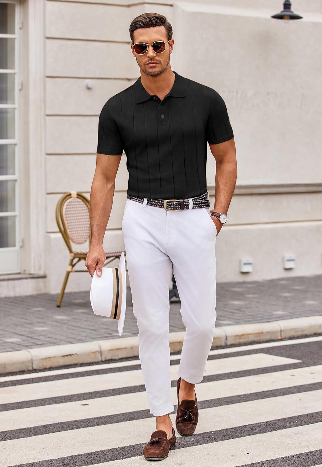 imageCOOFANDY Mens Knit Polo Shirts Casual Short Sleeve Button Down Polo Shirt Classic Golf ShirtsGblack Ribbing