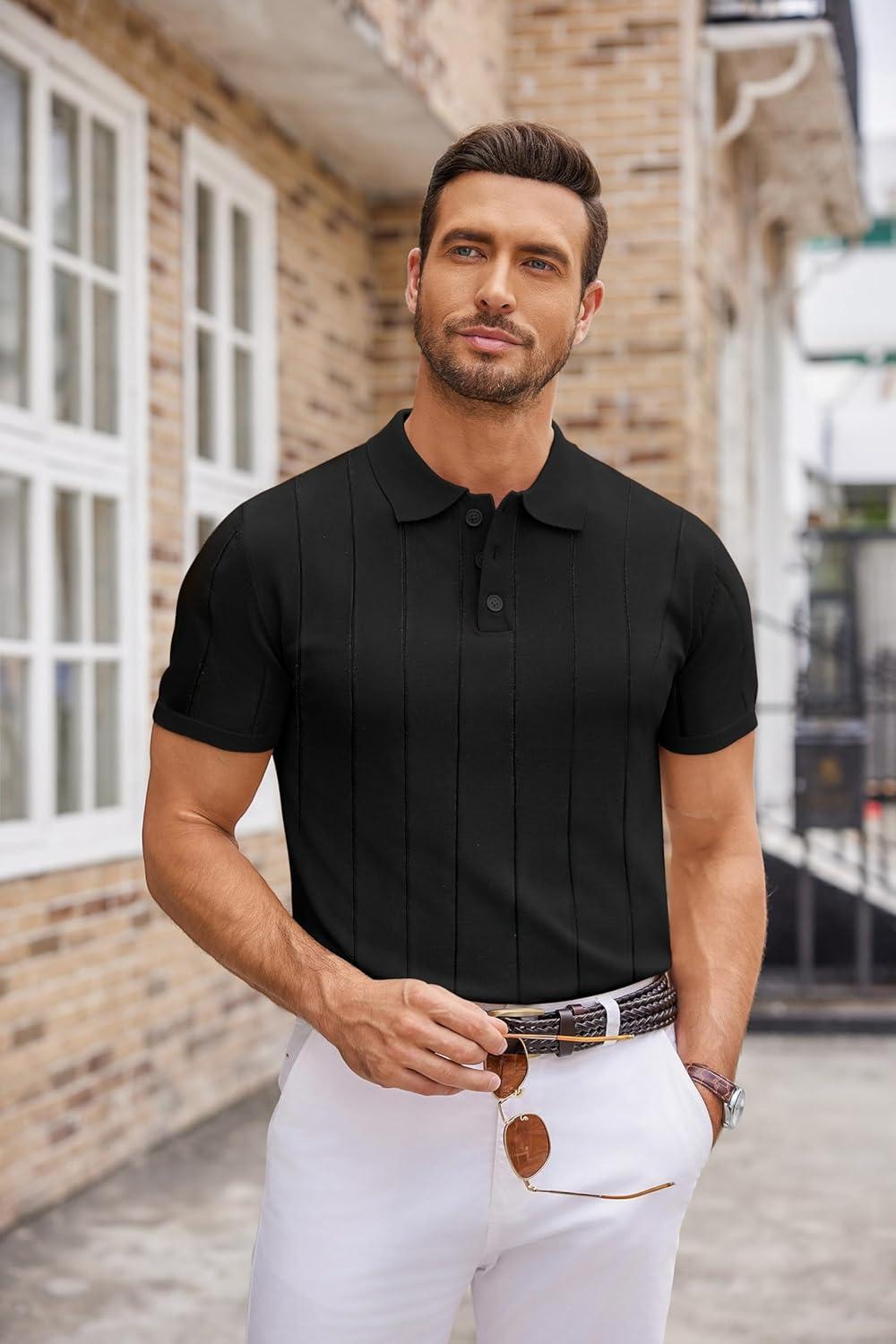 imageCOOFANDY Mens Knit Polo Shirts Casual Short Sleeve Button Down Polo Shirt Classic Golf ShirtsGblack Ribbing