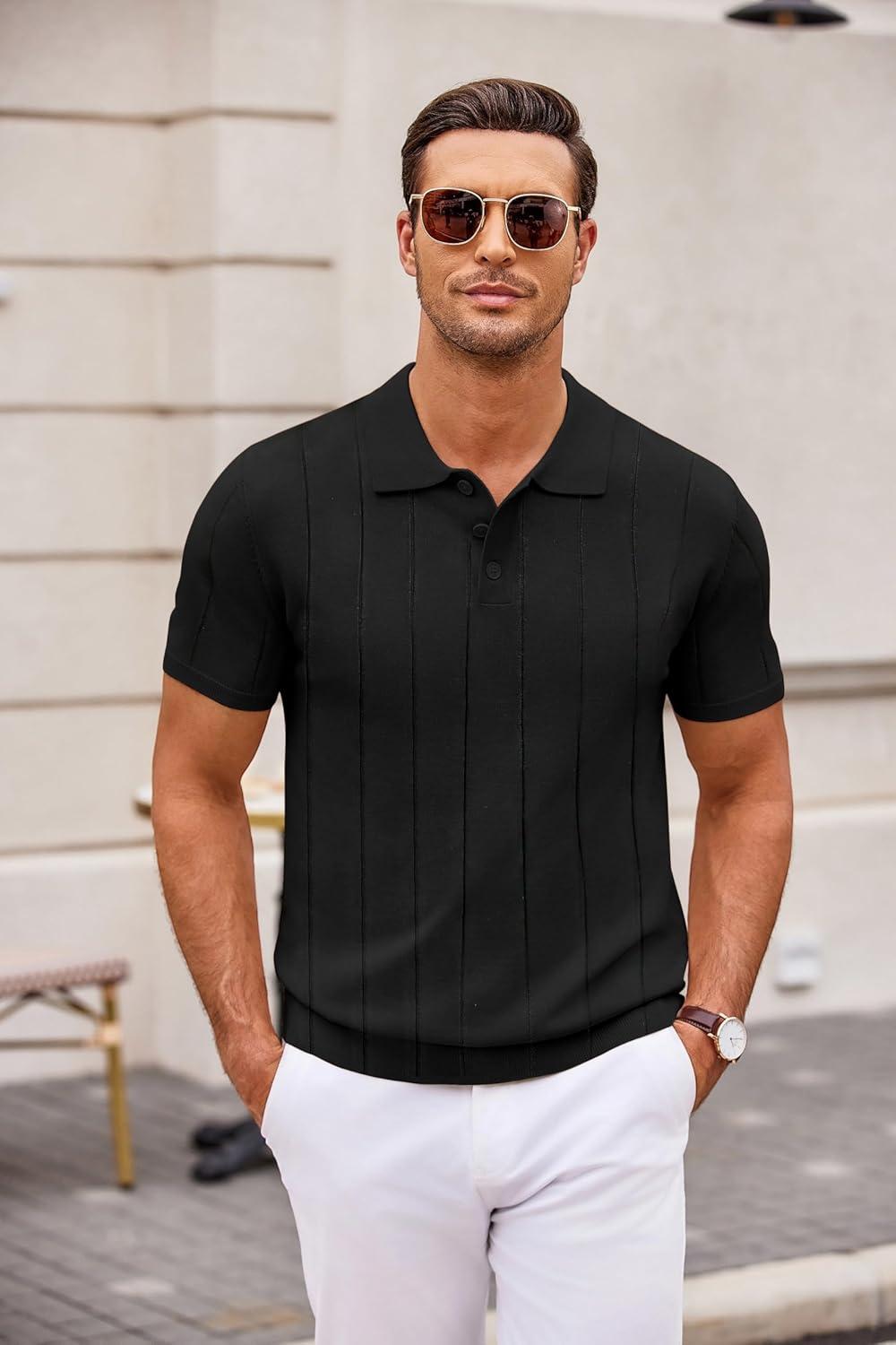 imageCOOFANDY Mens Knit Polo Shirts Casual Short Sleeve Button Down Polo Shirt Classic Golf ShirtsGblack Ribbing