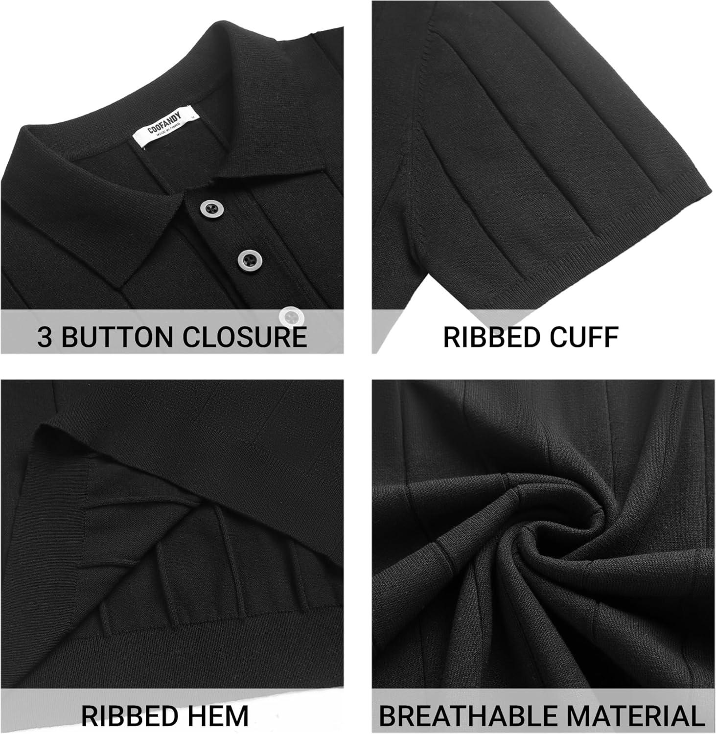 imageCOOFANDY Mens Knit Polo Shirts Casual Short Sleeve Button Down Polo Shirt Classic Golf ShirtsGblack Ribbing