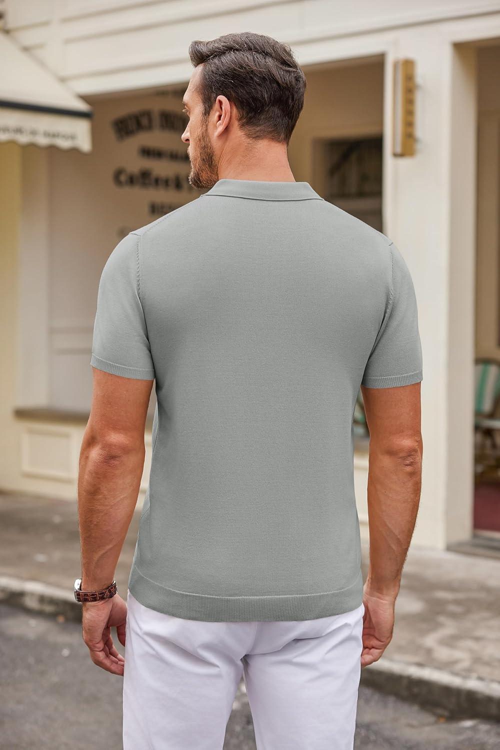 imageCOOFANDY Mens Knit Polo Shirts Casual Short Sleeve Button Down Polo Shirt Classic Golf ShirtsGrey