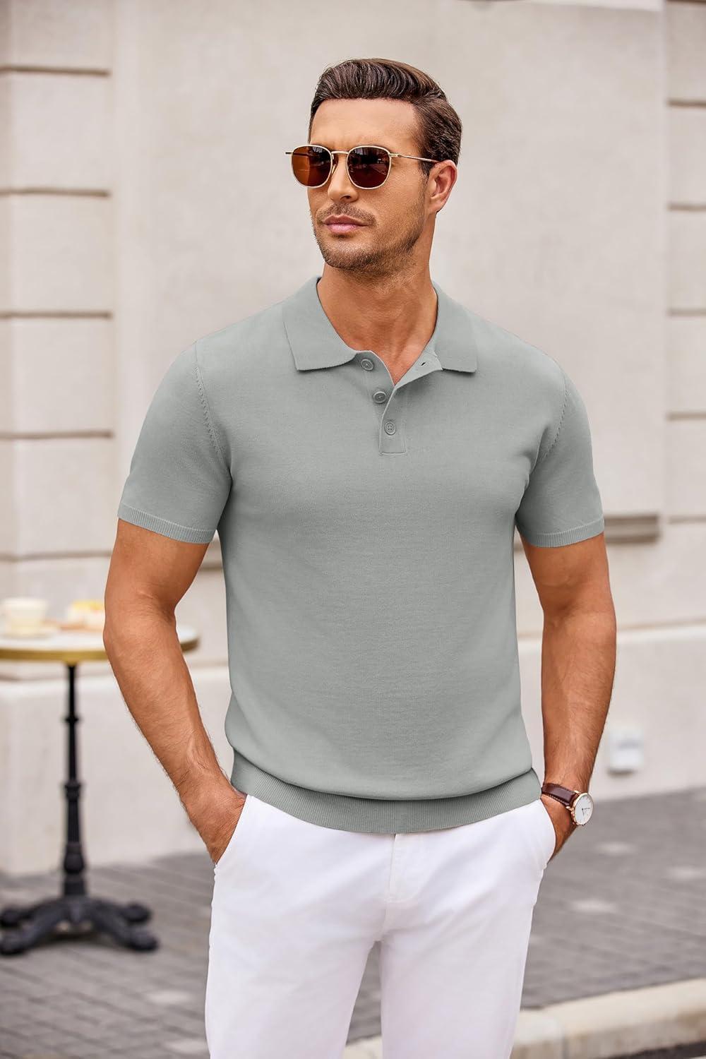 imageCOOFANDY Mens Knit Polo Shirts Casual Short Sleeve Button Down Polo Shirt Classic Golf ShirtsGrey