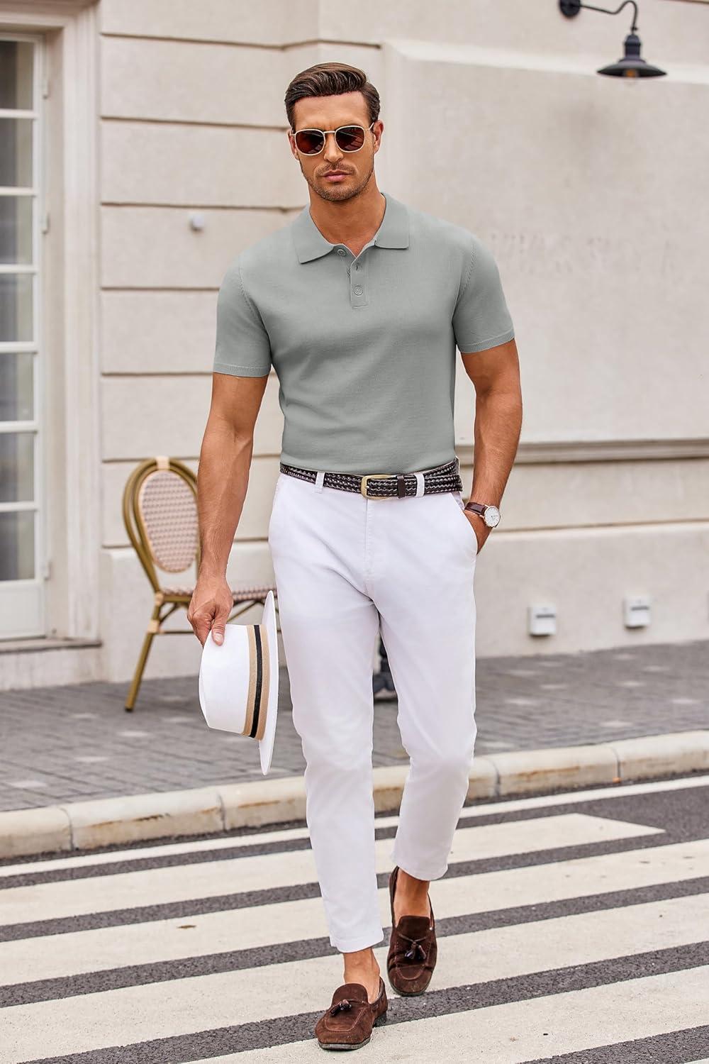 imageCOOFANDY Mens Knit Polo Shirts Casual Short Sleeve Button Down Polo Shirt Classic Golf ShirtsGrey