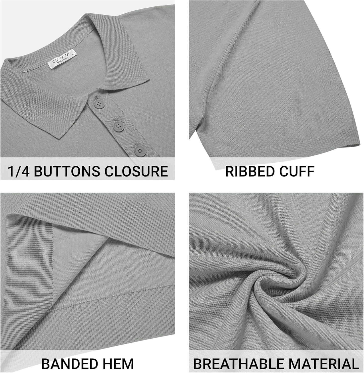 imageCOOFANDY Mens Knit Polo Shirts Casual Short Sleeve Button Down Polo Shirt Classic Golf ShirtsGrey