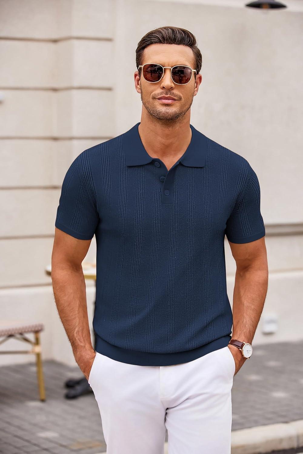 imageCOOFANDY Mens Knit Polo Shirts Casual Short Sleeve Button Down Polo Shirt Classic Golf ShirtsHnavy Blue Ribbing