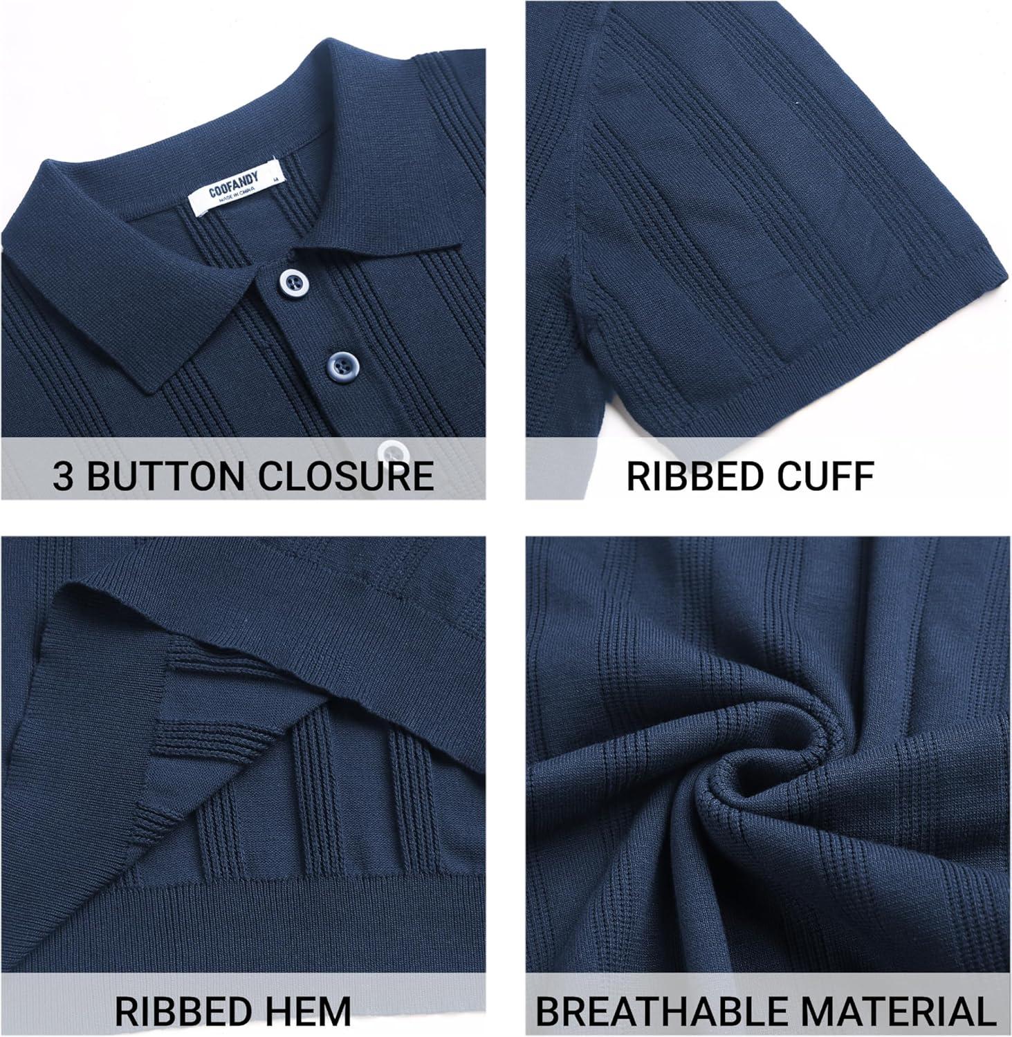 imageCOOFANDY Mens Knit Polo Shirts Casual Short Sleeve Button Down Polo Shirt Classic Golf ShirtsHnavy Blue Ribbing