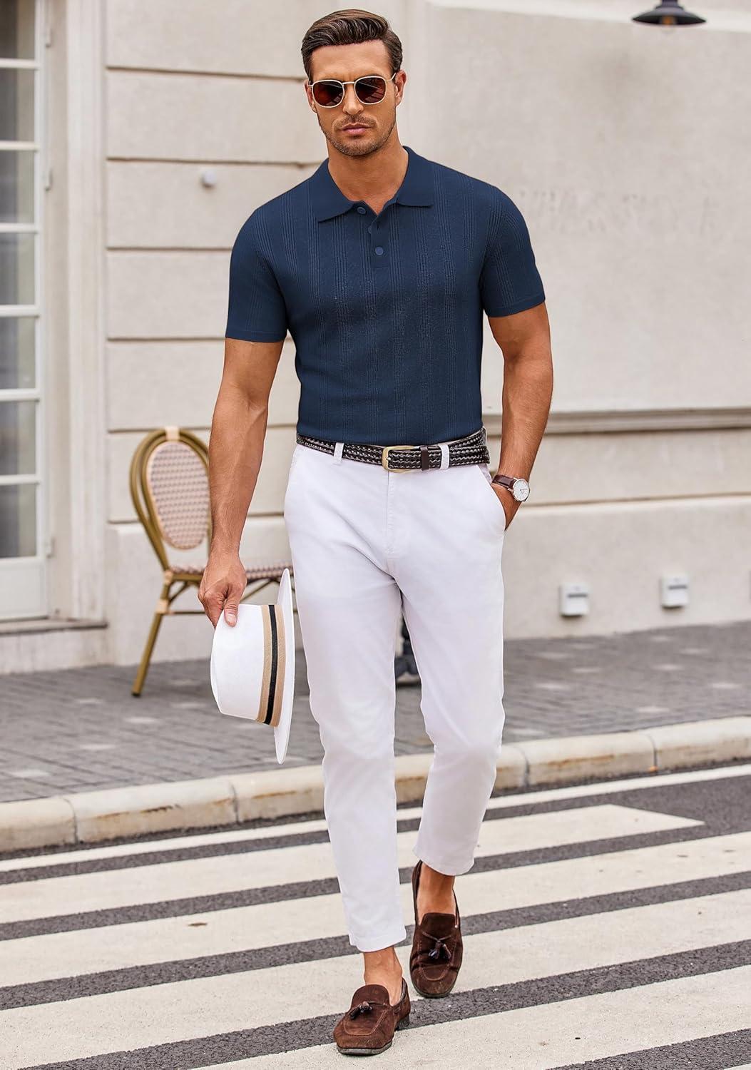 imageCOOFANDY Mens Knit Polo Shirts Casual Short Sleeve Button Down Polo Shirt Classic Golf ShirtsHnavy Blue Ribbing