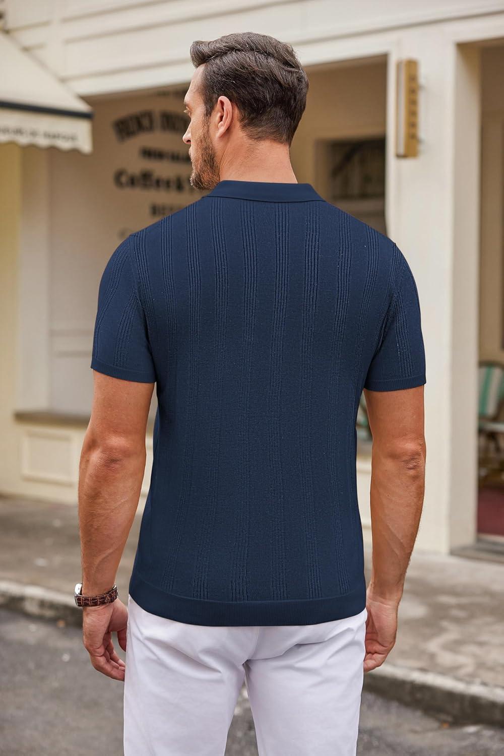 imageCOOFANDY Mens Knit Polo Shirts Casual Short Sleeve Button Down Polo Shirt Classic Golf ShirtsHnavy Blue Ribbing