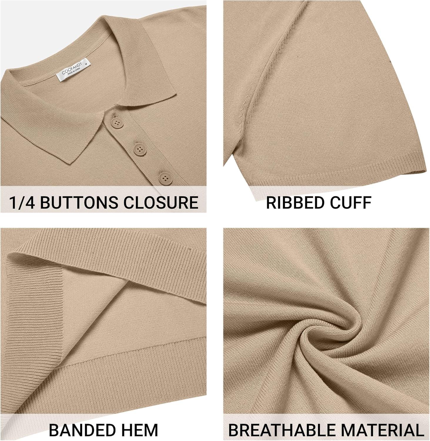 imageCOOFANDY Mens Knit Polo Shirts Casual Short Sleeve Button Down Polo Shirt Classic Golf ShirtsKhaki