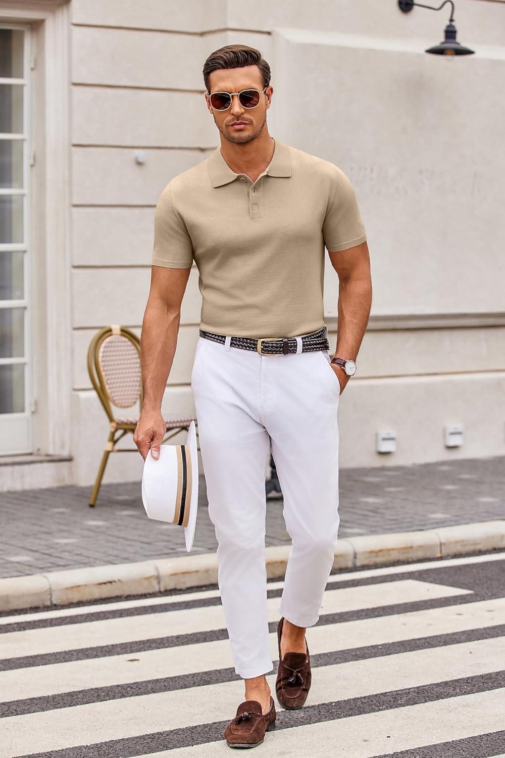 imageCOOFANDY Mens Knit Polo Shirts Casual Short Sleeve Button Down Polo Shirt Classic Golf ShirtsKhaki