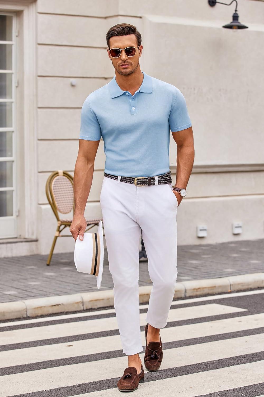 imageCOOFANDY Mens Knit Polo Shirts Casual Short Sleeve Button Down Polo Shirt Classic Golf ShirtsLight Blue