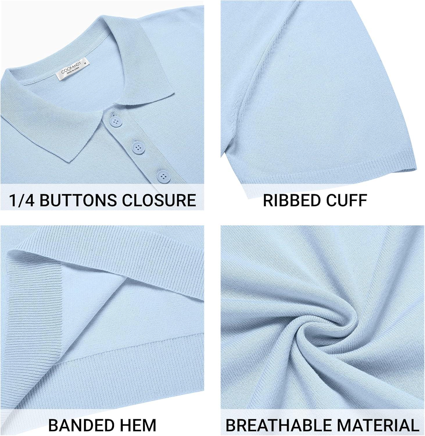 imageCOOFANDY Mens Knit Polo Shirts Casual Short Sleeve Button Down Polo Shirt Classic Golf ShirtsLight Blue
