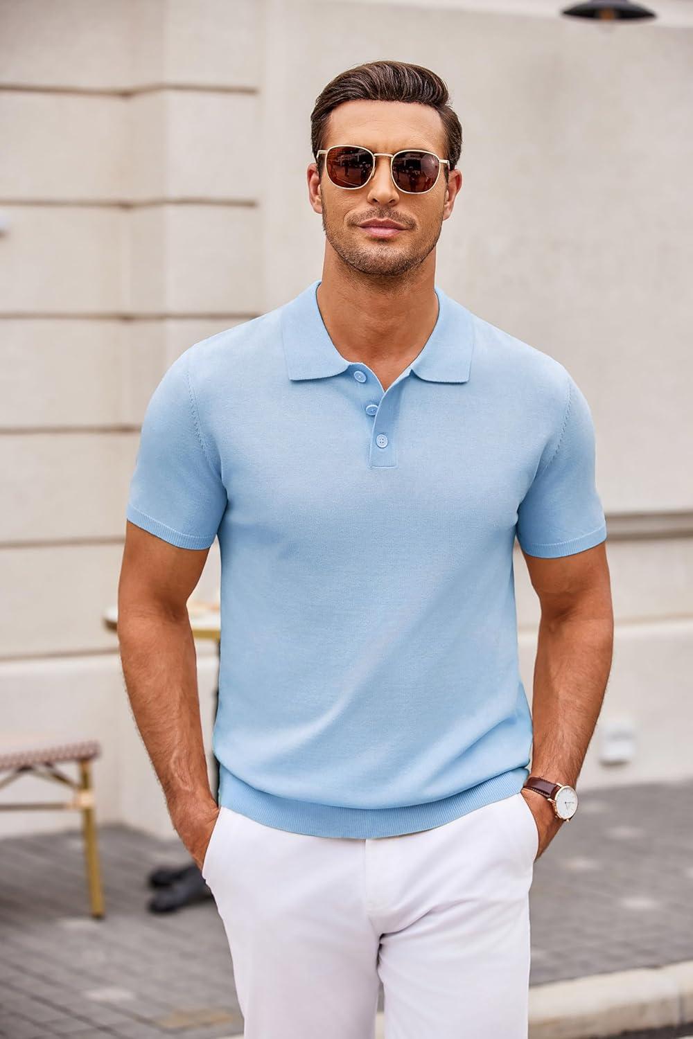 imageCOOFANDY Mens Knit Polo Shirts Casual Short Sleeve Button Down Polo Shirt Classic Golf ShirtsLight Blue