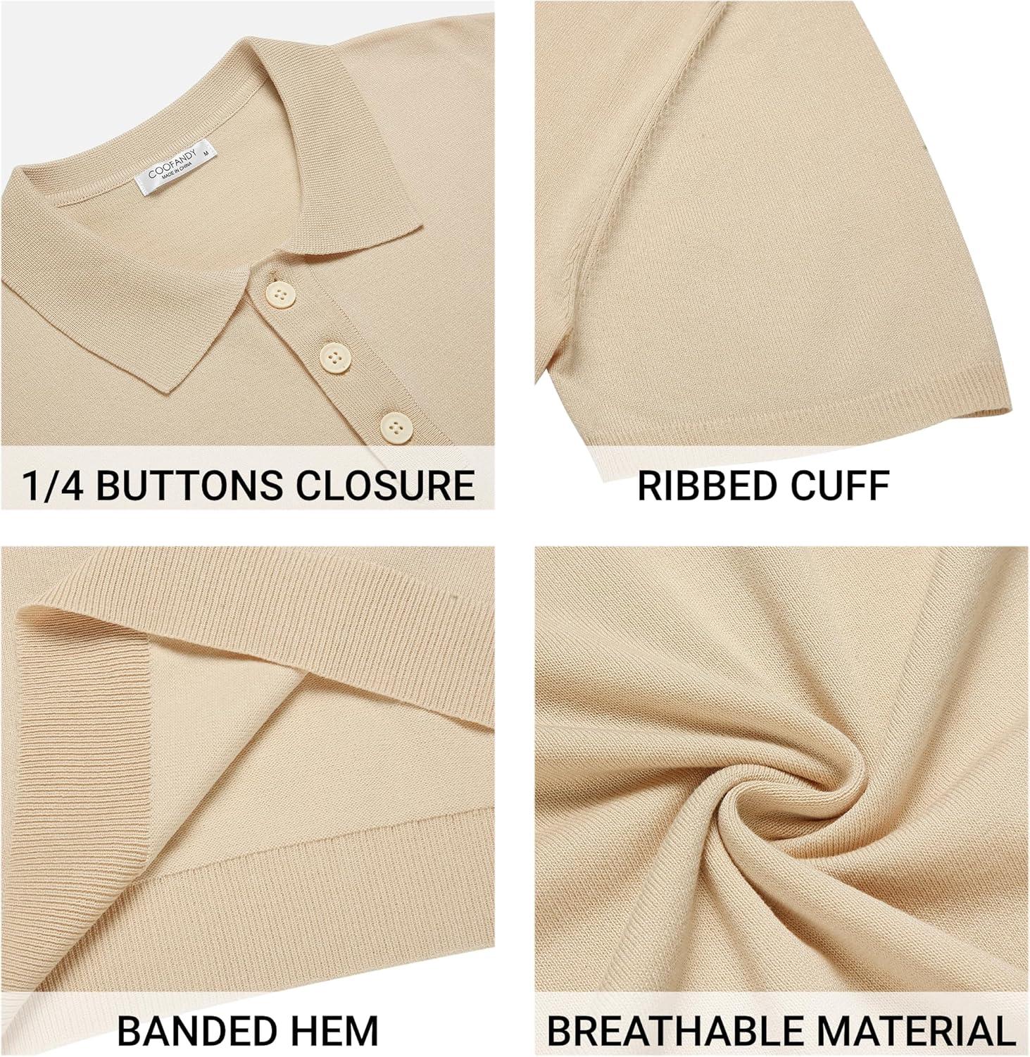 imageCOOFANDY Mens Knit Polo Shirts Casual Short Sleeve Button Down Polo Shirt Classic Golf ShirtsLight Khaki