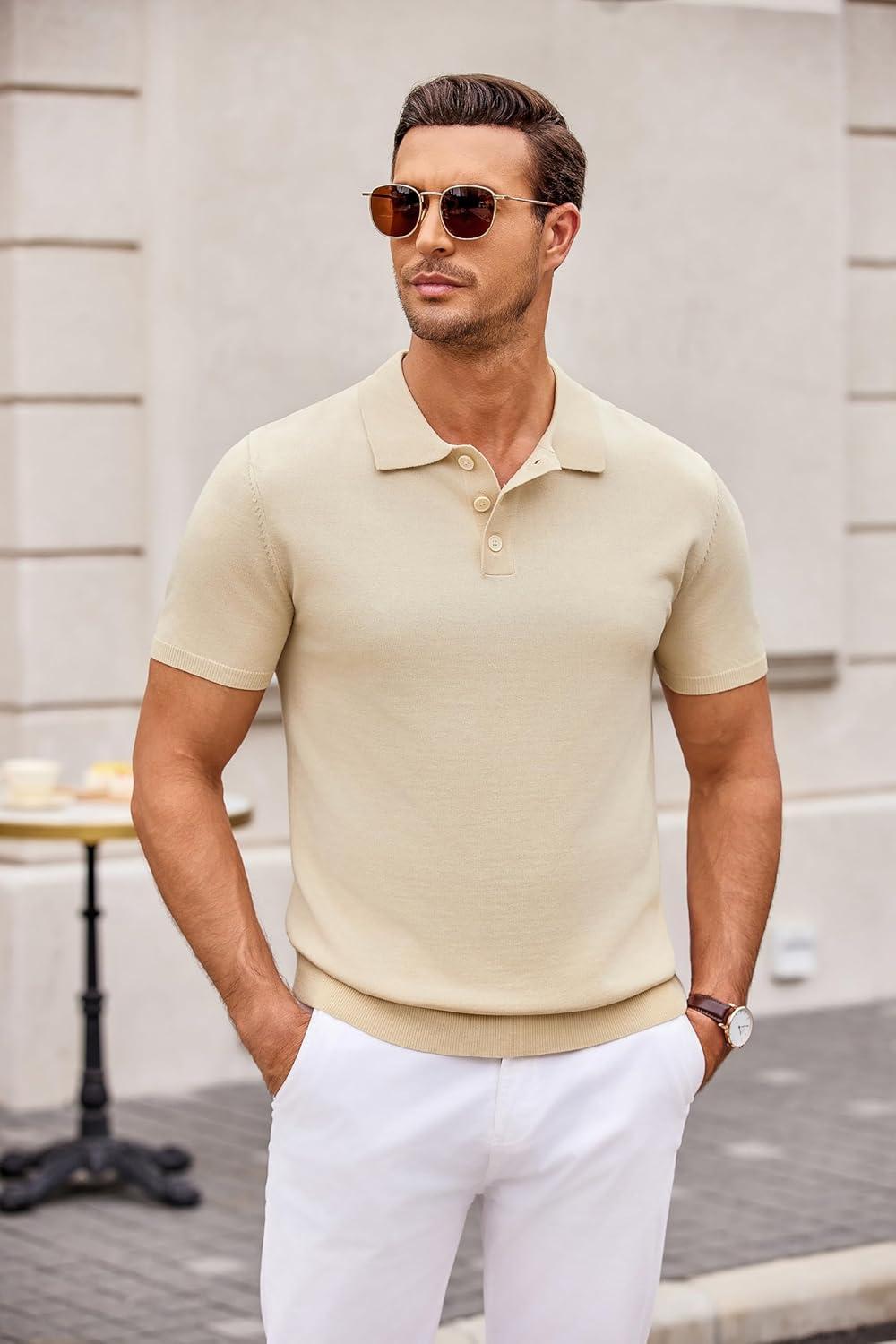 imageCOOFANDY Mens Knit Polo Shirts Casual Short Sleeve Button Down Polo Shirt Classic Golf ShirtsLight Khaki