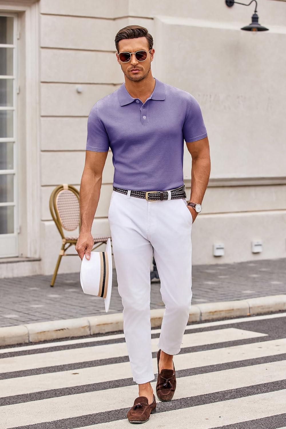 imageCOOFANDY Mens Knit Polo Shirts Casual Short Sleeve Button Down Polo Shirt Classic Golf ShirtsLight Purple