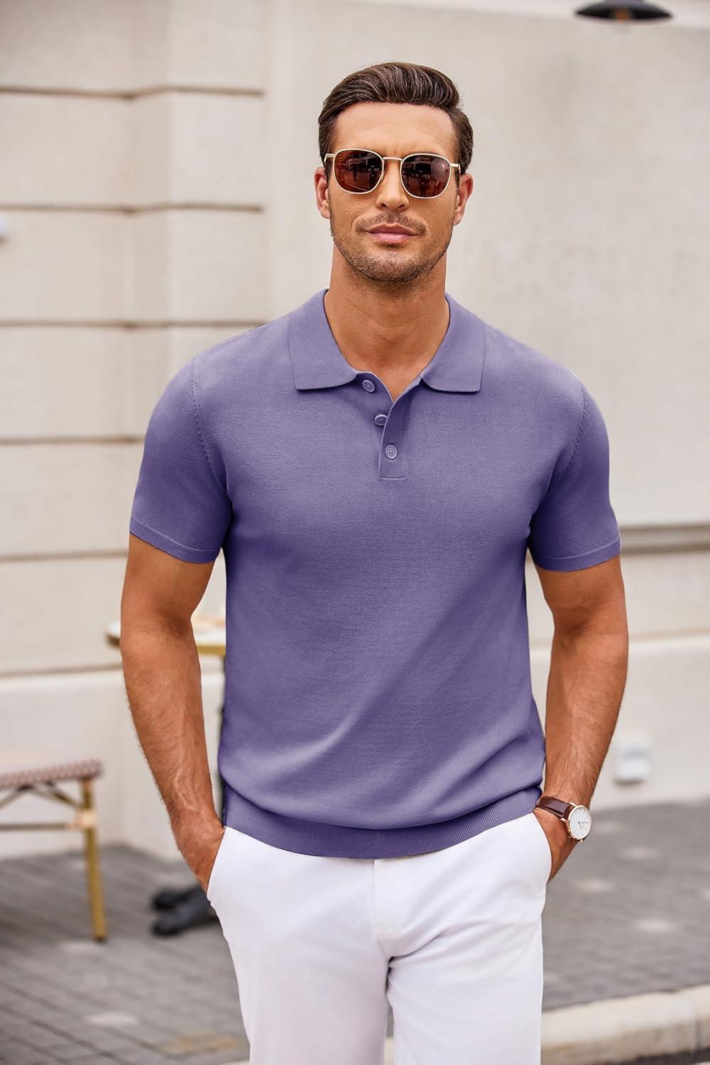 imageCOOFANDY Mens Knit Polo Shirts Casual Short Sleeve Button Down Polo Shirt Classic Golf ShirtsLight Purple