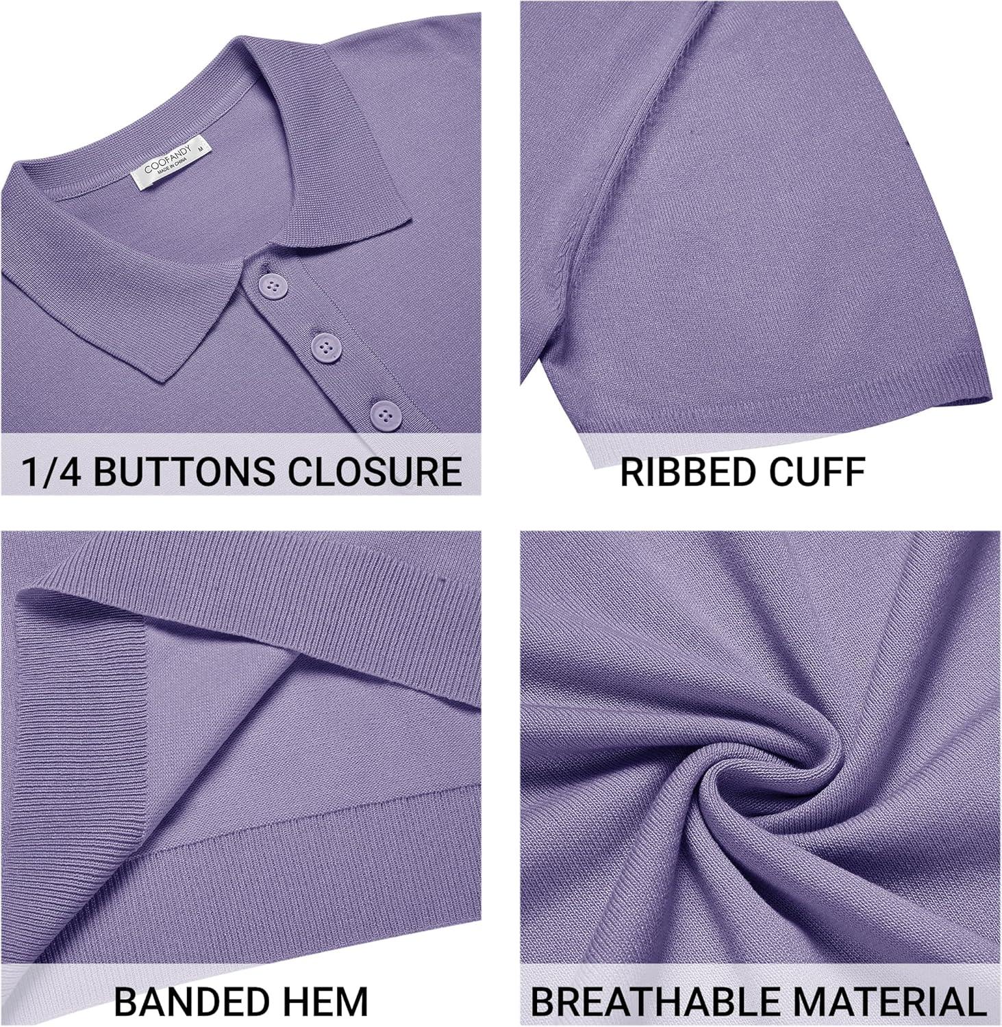 imageCOOFANDY Mens Knit Polo Shirts Casual Short Sleeve Button Down Polo Shirt Classic Golf ShirtsLight Purple